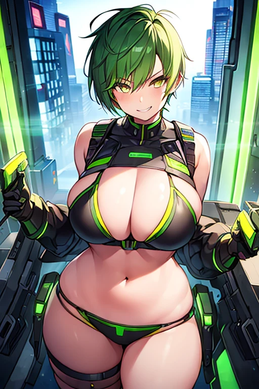 1girl, tomboy, green hair, pixie cut, very short hair, boyish, yellow eyes, black bikini, bikini, futuristic, science-fiction, tech, neon, neon trim, smile, smirk, smug, city, large breasts, thick thighs, wide hips, from behind, looking back