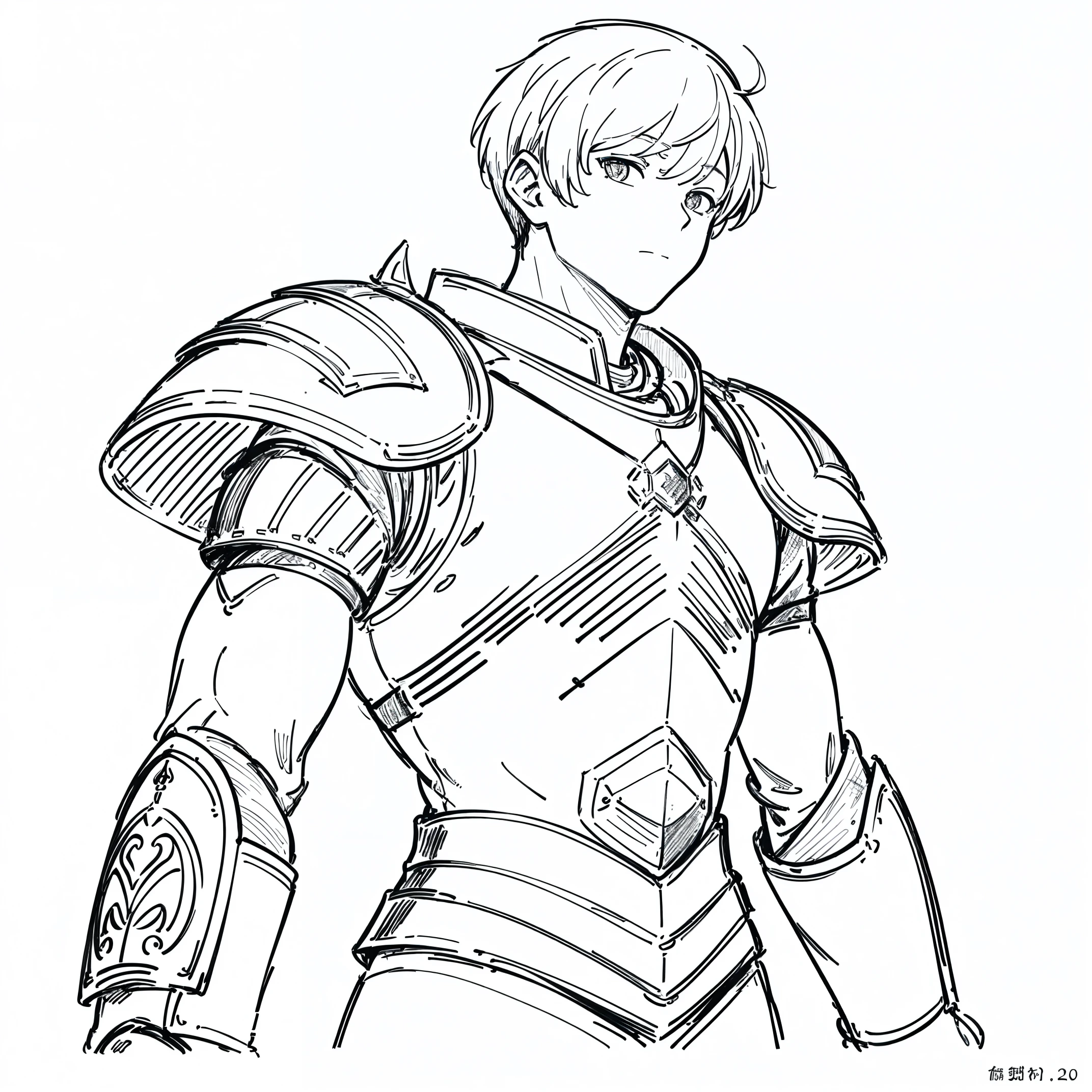 ((masterpiece)),(((best quality))),((((sketch)))),((monochrome)),(character design sheet), same character, front, side, back), illustration, (2 boy), hair color, bangs, hairstyle fax, (armor style), (simple background, white background: 1.3), --6