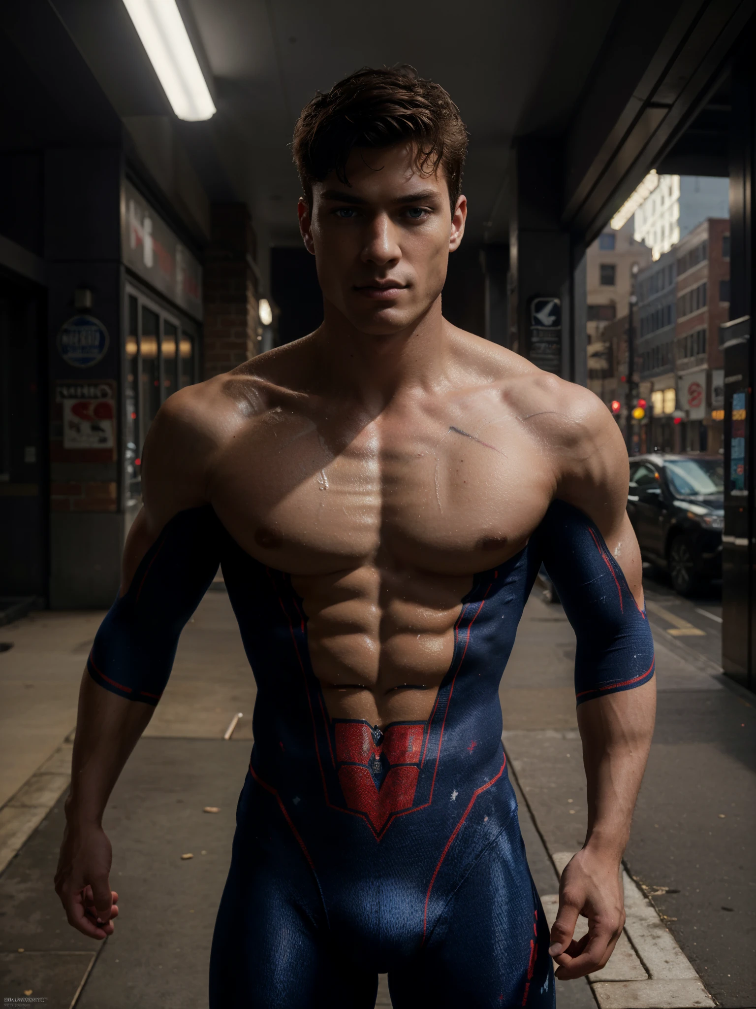 ((masterpiece)),((bestquality)), full body shot, 35mm lense, 8k, high detailed, ultra-detailed, Stylish Pose, real skin texture, portrait of a 18 year old masculine male model, white pale skin, strong jaw line, young handsome man with a intense blue eyes, messy short brown hair, muscular, fit body, dark but detailed digital art,super hero,long sleeve, wearing a super fit and tight spider-man suit, outside a skyscraper, detailed digital painting, detailed fanart, handsome guyt, high detailed. digital painting, detailed portrait, inspired by Alexis Grimou, hyper detail portrait, , dark atmosphere, cinematic lighting, backlight, Depth of field, award-winning photography, elegant, hyperrealistic, high definition, 8k resolution, highly detailed, 8k uhd, professional lighting, photon mapping, physically-based rendering