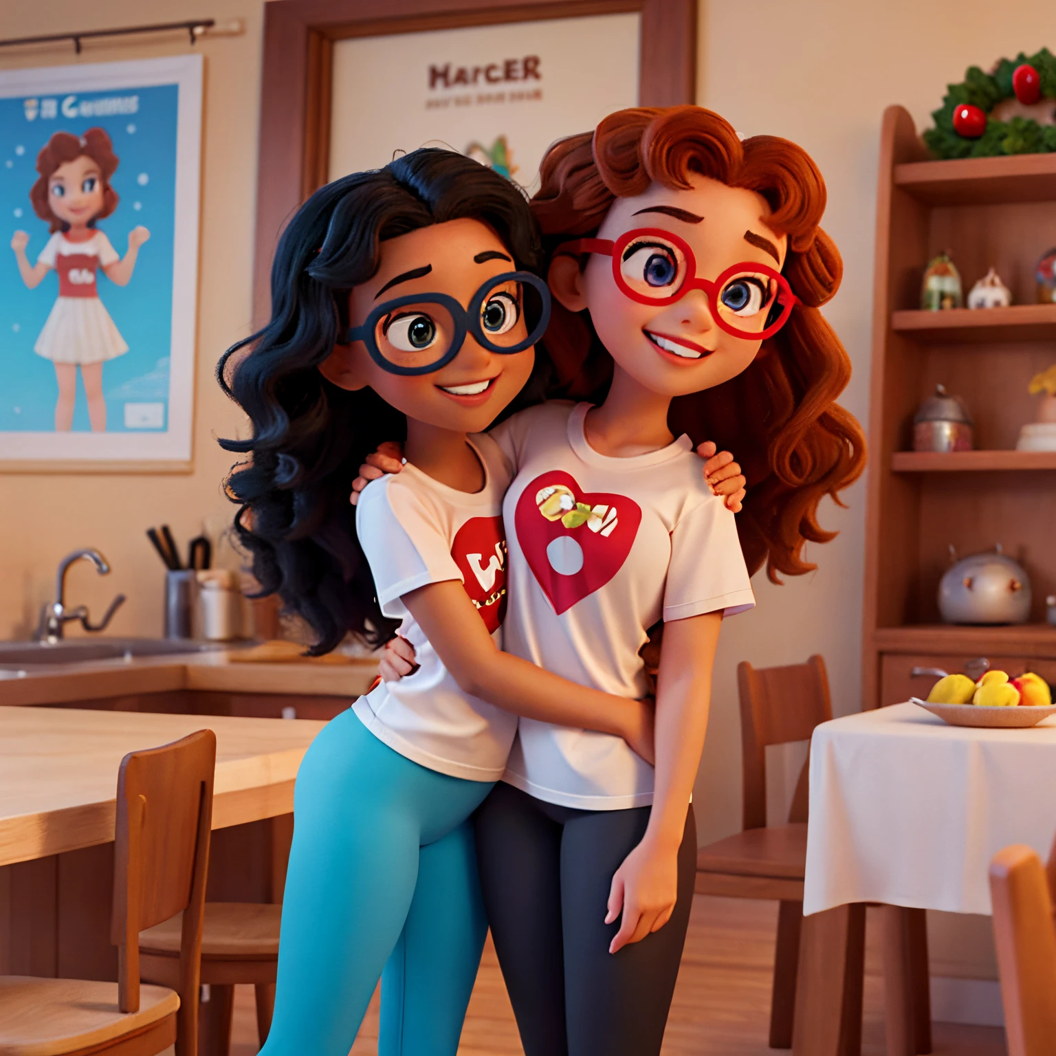 poster with disney pixar style. in the imaging there are two girl, the first one has curly hair, a pretty smile with brace, her lips ara the same color of a cherry and her eyes are blu, she has a pair of black glasses, she is wering a red tshirt and a gray pair if leggings. the second one has long hair that seat upon the hips, she is mor tall thant the first one, her eyes are brown and green and she's smiling, she's wering a white tshirt and a pair of joggers. the second girl is hugging the girl with the curly hair. in the back ther is a chrisfmas three