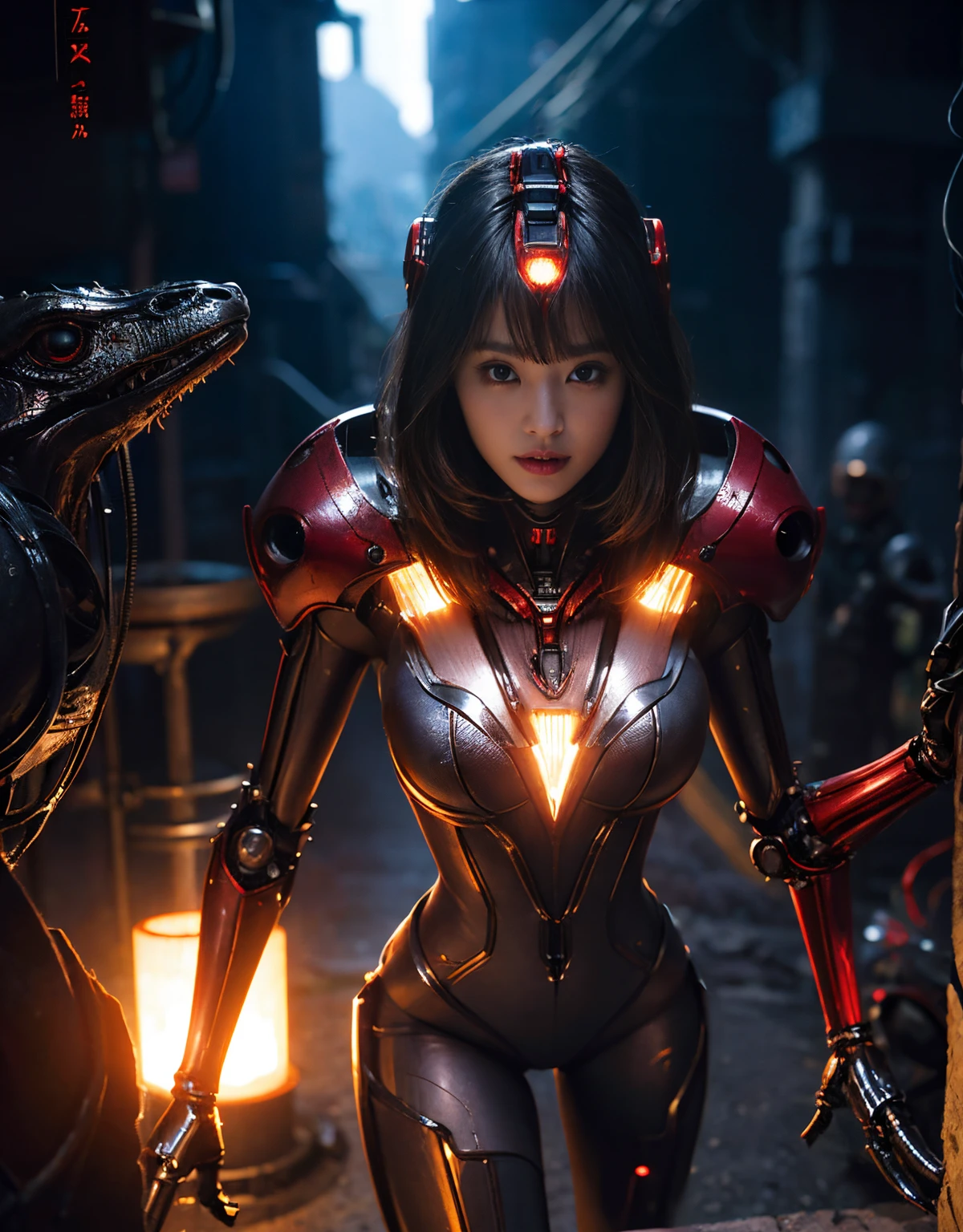 (Skimpy mechanical girl and alien background)、(Mystical expression)、top-quality、masterpiece、超A high resolution、(Photorealsitic:1.4)、Raw photo、女の子1人、glowy skin、(((1 Mechanical Girl)))、(Red Metal Bodysuit)、(Natural alien background to fight aliens)、(Small LED)、((super realistic details))、vertical giant monster background),globalillumination、Shadow、octan render、8K、ultrasharp、Robot background、Colossal tits、Raw skin exposed in the cleavage、red metal、Details of complex ornaments、Japan details、highly intricate detail、Realistic light、(Mystical expression),CG Society Trenlow Eyes、Eyes shining towards the camera、Mechanical marginal blood vessels connected to neon detail tubes)、(Wires and cables connecting to the head)、Small LED、,Mechanical thighs、Toostock、(Hands are also made of machines)、机器人、future alien、Please wear a mechanical helmet、