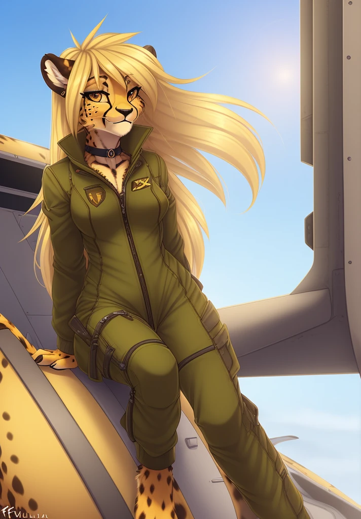 fluff-kevlar, by fluff-kevlar, anthro, ((cheetah)), female, ((1woman)), ((medium breasts)), ((long hair)), ((blonde hair)), flight line, on e621, choker, detailed body, finely detailed eyes, finely detailed paws, female focus, (hair detailed correctly), Mihari, ((Olive Drab flight suit)), cheetah tail, ((fully dressed)), solo