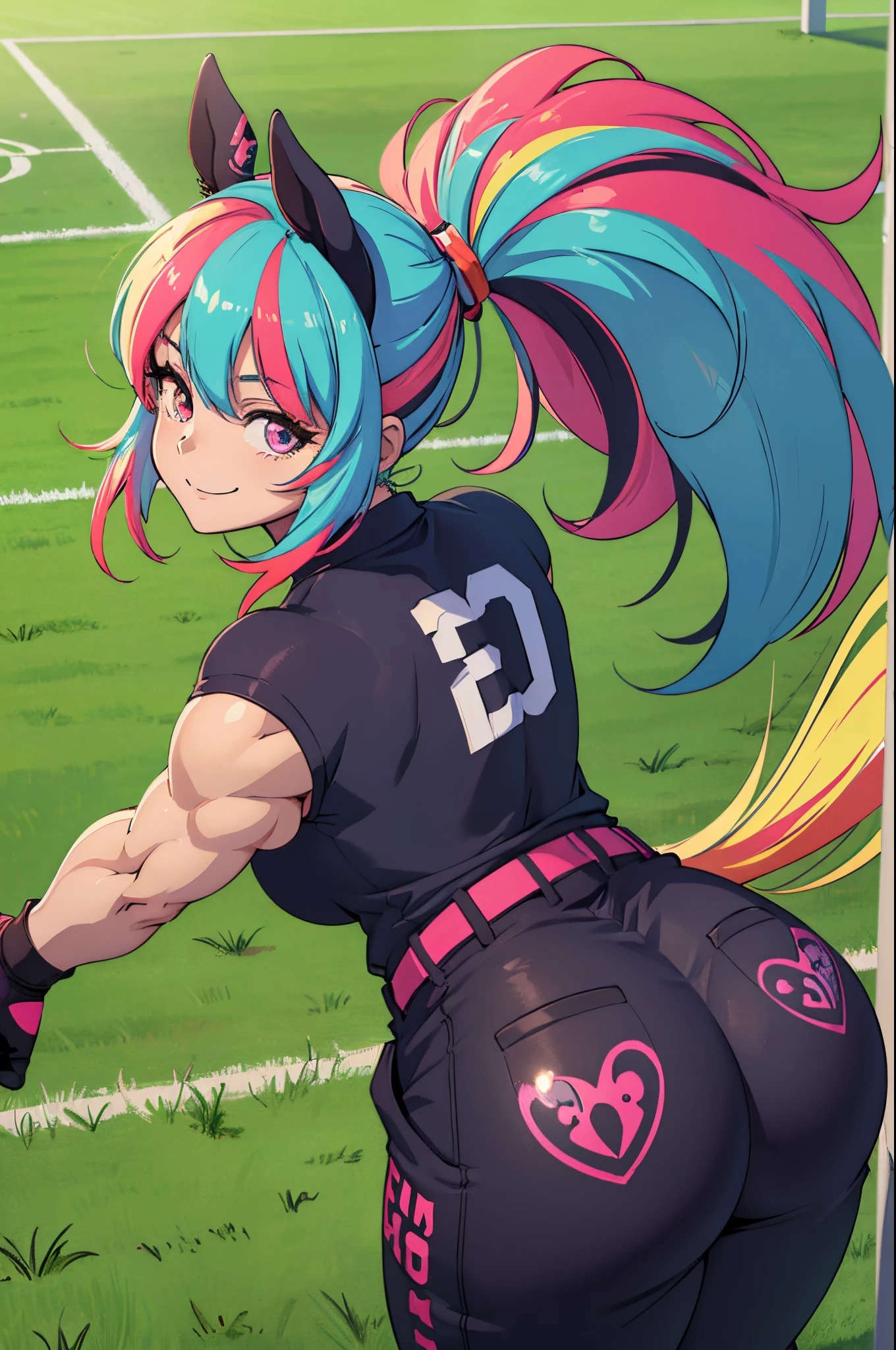 (Best Quality), (masterpiece), (High resolution), (Anime Heroine Illustration),,solo,girl with horse ears,smiling,back turned to the viewer,big muscle butt,Slacks,sporty clothing,soccer field,diamond,multicolored hair,multicolored eyes,muscular female,mature female