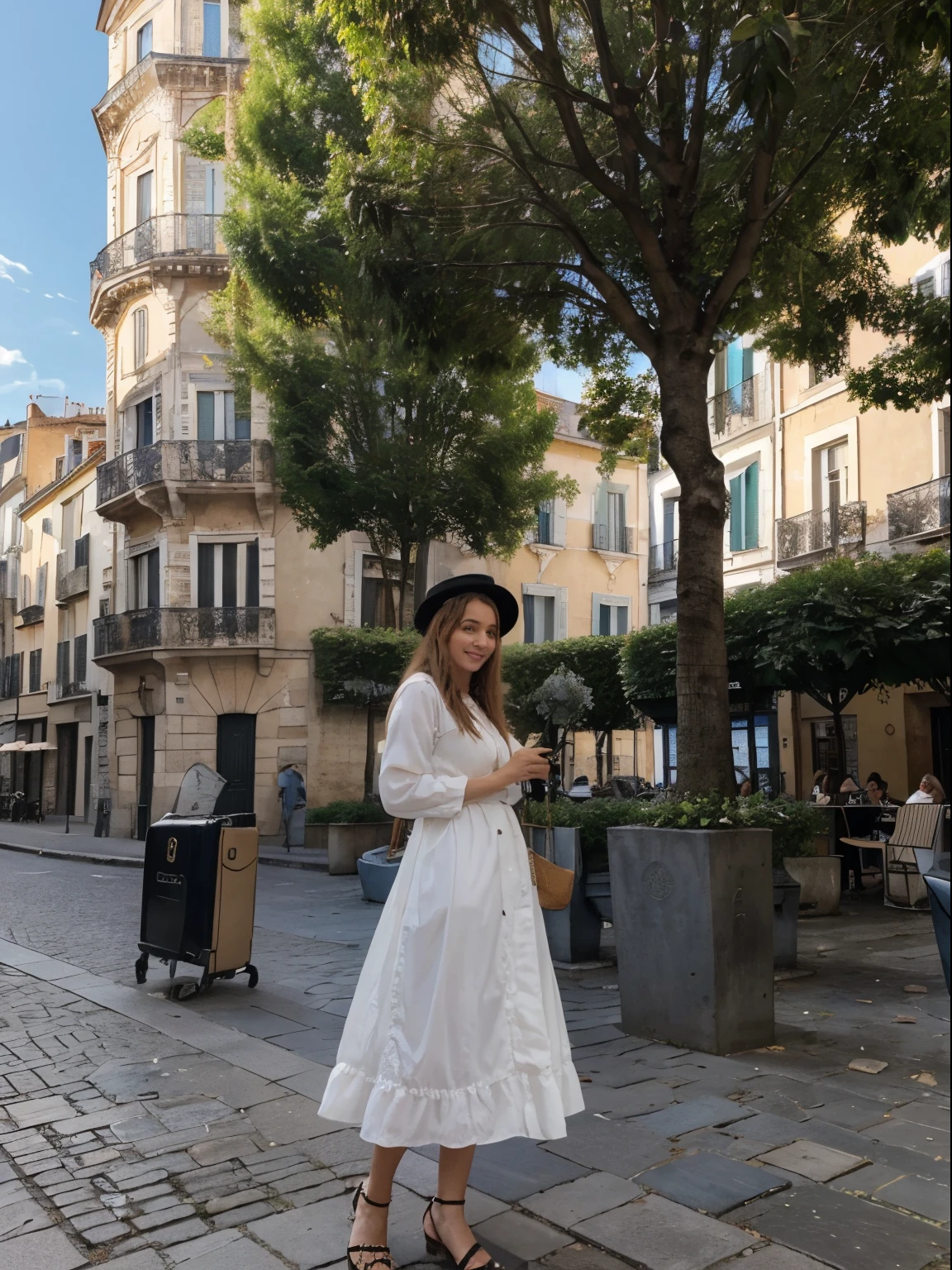 (meilleur qualité,Haute résolution,ultra-détaillée:1.2), Hdr, Couleurs vives, Belle fille, Place de Barcelone, Ambiance animée, Architecture charmante, fleurs colorées, Des gens heureux, Vue imprenable, café confortable, Repas en plein air, Ensoleillé, Robe élégante, chapeau élégant, Expression joyeuse, cheveux longs et fluides, artistes de rue dynamiques, Foule animée, musiciens de rue, stands de nourriture alléchants, Monuments historiques, pavé de mosaïque, fontaines décoratives, Palmiers, Ciel bleu, Soleil chaud, rire et rire, Des moments d’insouciance