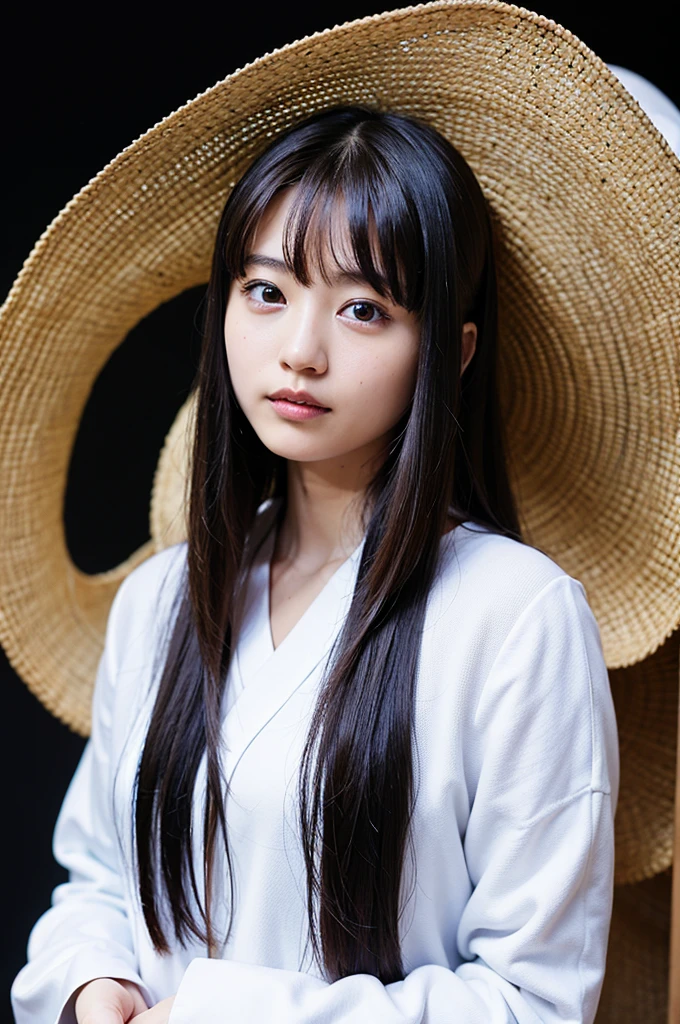 top-quality、​masterpiece、超A high resolution、Raw foto、1girl in、Eyes and faces with detailed、Black background、Long hair、japanes、The whole picture、cabin attendant、校服