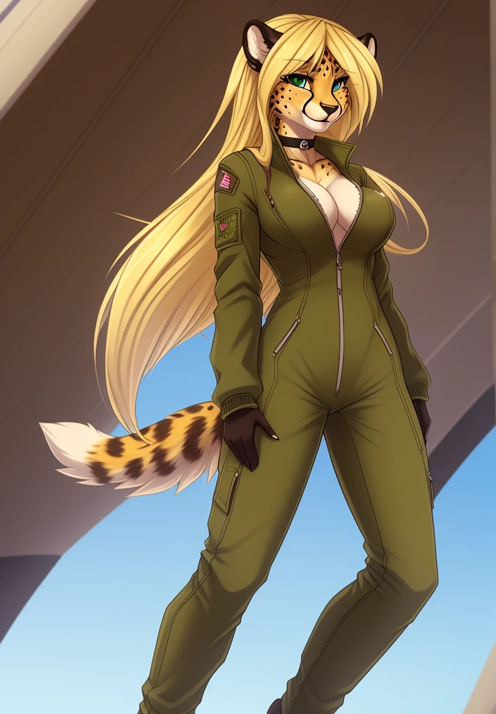 fluff-kevlar, by fluff-kevlar, anthro, ((cheetah)), female, ((1woman)), ((D-cup breasts)), ((long hair)), ((blonde hair)), flight line, on e621, choker, detailed body, finely detailed eyes, finely detailed paws, female focus, (hair detailed correctly), Mihari, ((Olive Drab flight suit)), cheetah tail, ((fully dressed)), solo