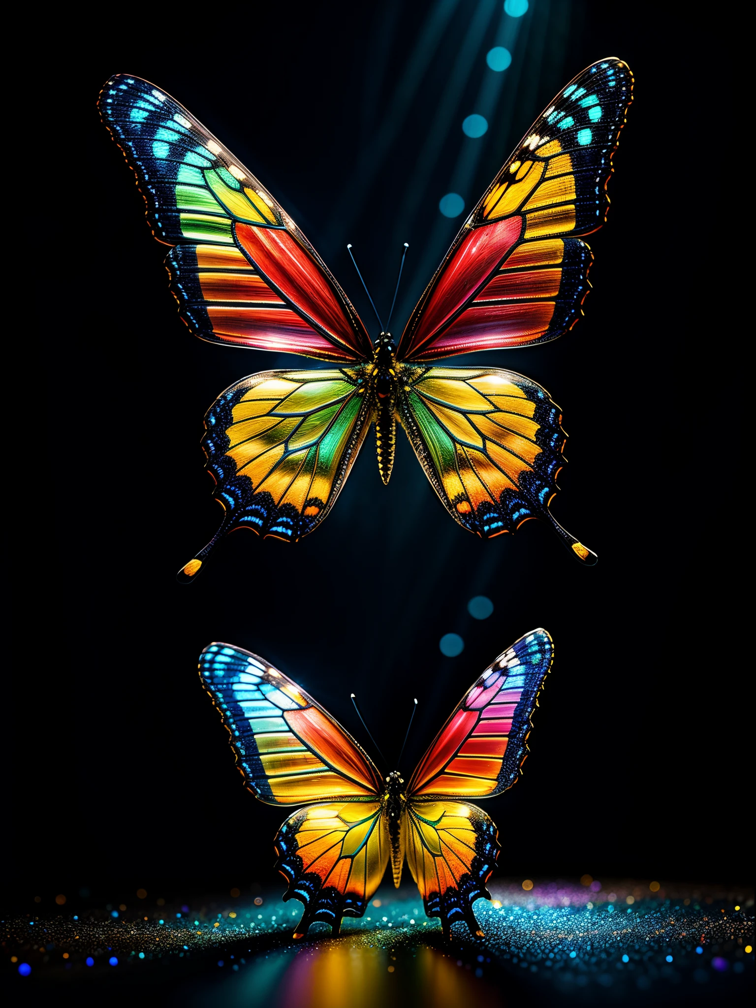 an epic Multicolour Butterfly made of crystal glass, deep depth of field, 3D, breathtaking intricate details, realistic and lifelike, dramatic natural lighting, reflective catchlights, high quality CGI VFX fine ar