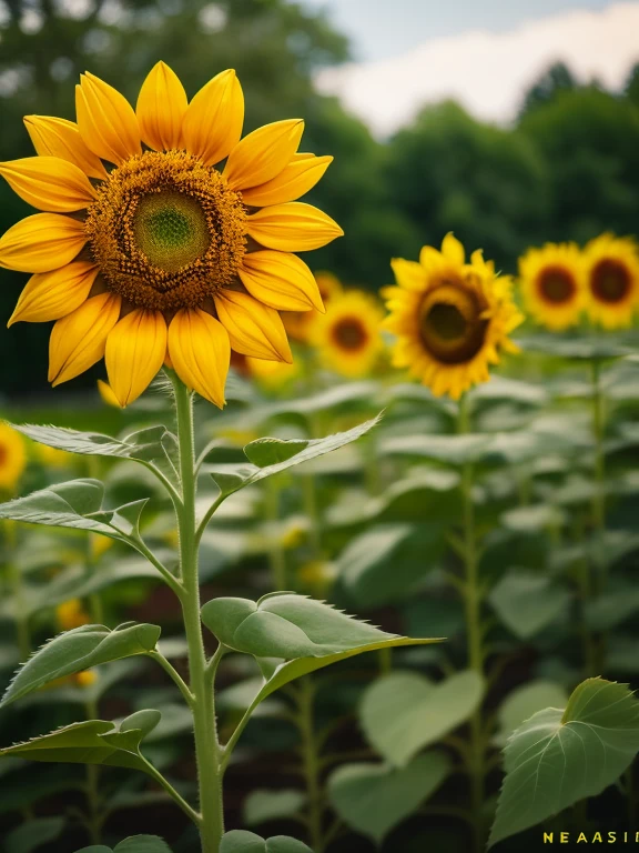 Sunflower, field, Giant Sunflowers around, sunflowers petals on air, landscape, 8K, RAW photo, best quality, masterpiece