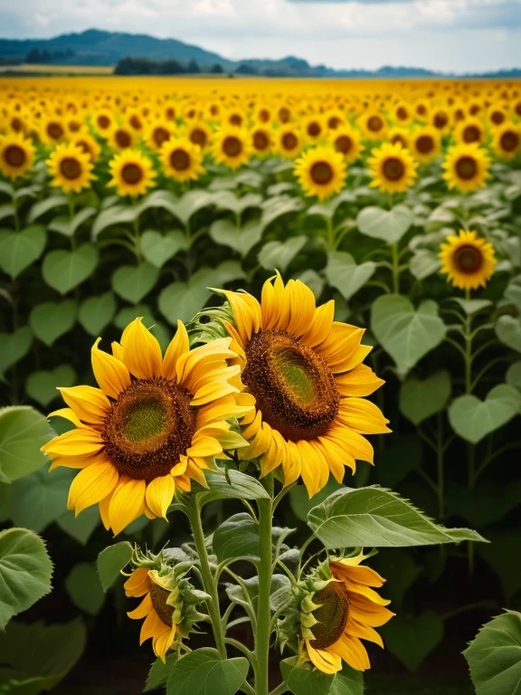 Sunflower, field, Giant Sunflowers around, sunflowers petals on air, landscape, 8K, RAW photo, best quality, masterpiece, magic spread, shiny light, at night