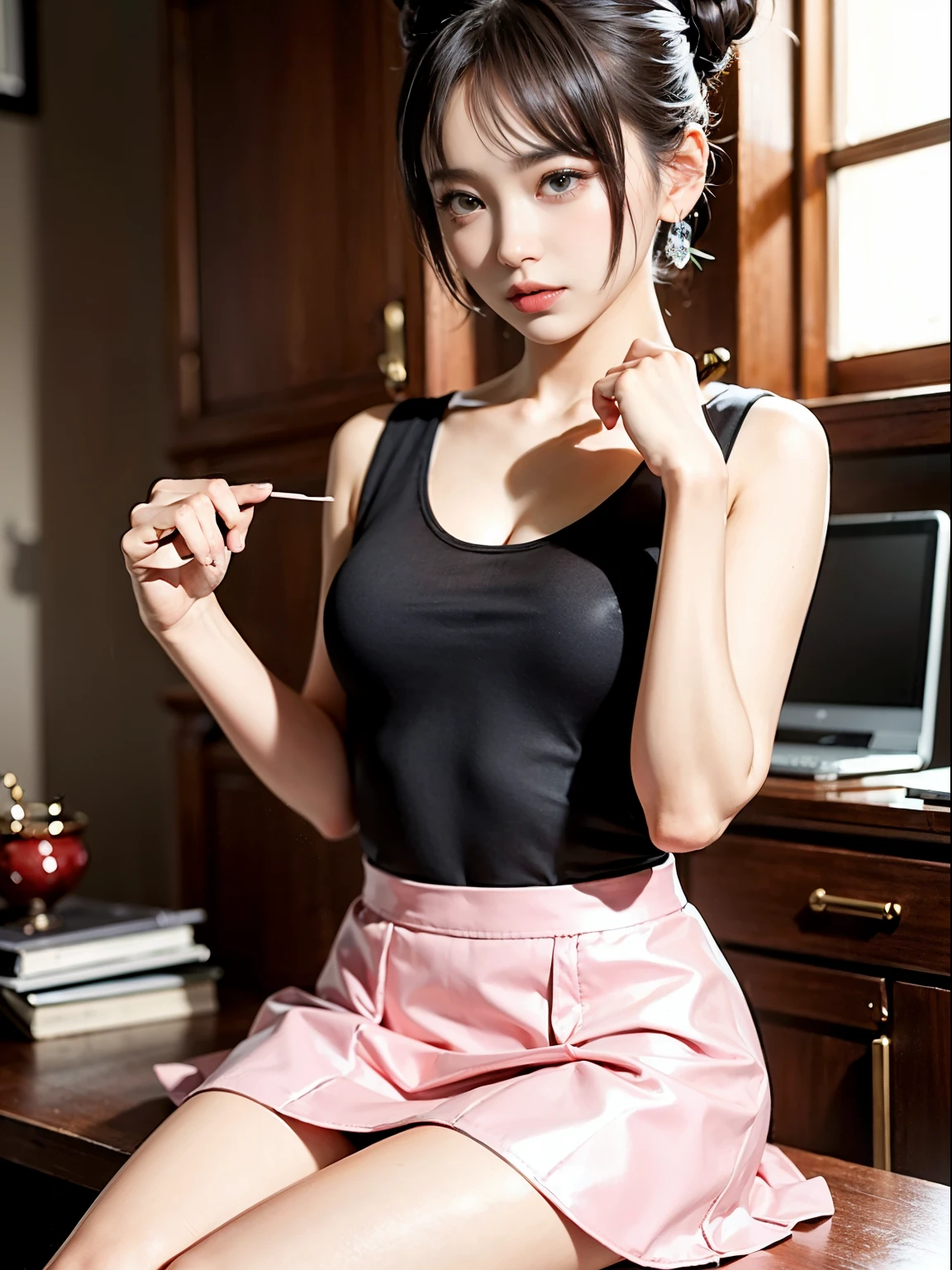 ((Smoking))、Police Officer Woman、(((Lace panties)))、(in 8K、top-quality、masterpiece:1.2)、(realisitic、Photorealsitic:1.37)、ultra-detailliert、Princess、police station、(blush of the nose)、(Angry)、Medium chest、beatiful detailed eyes、(shirt with collar:1.1)、((police officer uniform))、(Cigarette smoke)、(shorth hair:1.2)、pureerosface_v1、detailed finger、face with beautiful details、Have a cigarette、