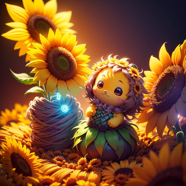 "Sunflower. in a pile of Sunflower and Sunflower canes, cute colorful, digital painting, cute detailed digital art, hyper colorful, neon coloring, cute digital art, beeple colors, colorful hd picure, beeple and jeremiah ketner, glowing lights! digital painting, cute 3 d render"