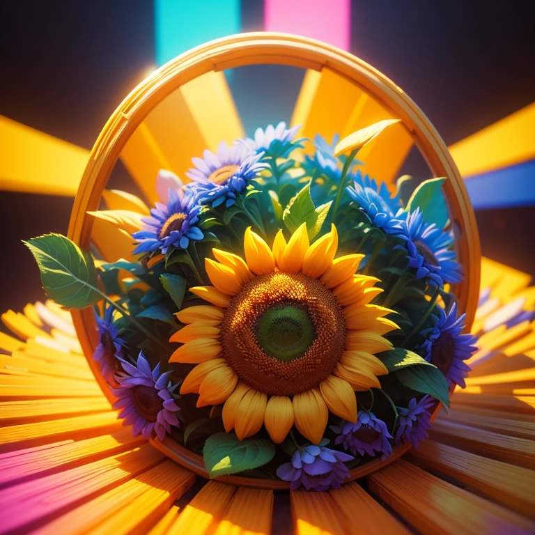 "Sunflower. in a pile of Sunflower and Sunflower canes, cute colorful, digital painting, cute detailed digital art, hyper colorful, neon coloring, cute digital art, beeple colors, colorful hd picure, beeple and jeremiah ketner, glowing lights! digital painting, cute 3 d render"
