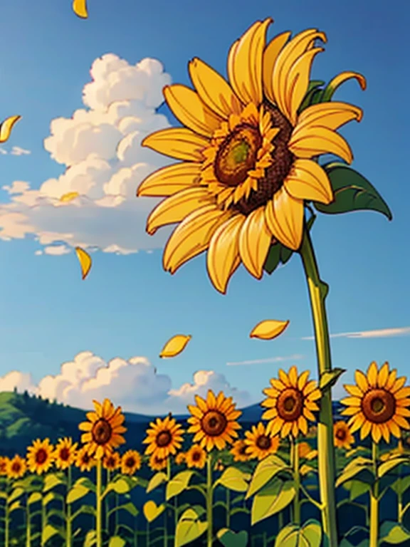 Sunflower, field, Giant Sunflowers around, sunflowers petals on air, landscape, 8K, RAW photo, best quality, masterpiece, magic spread, shiny light, at night
