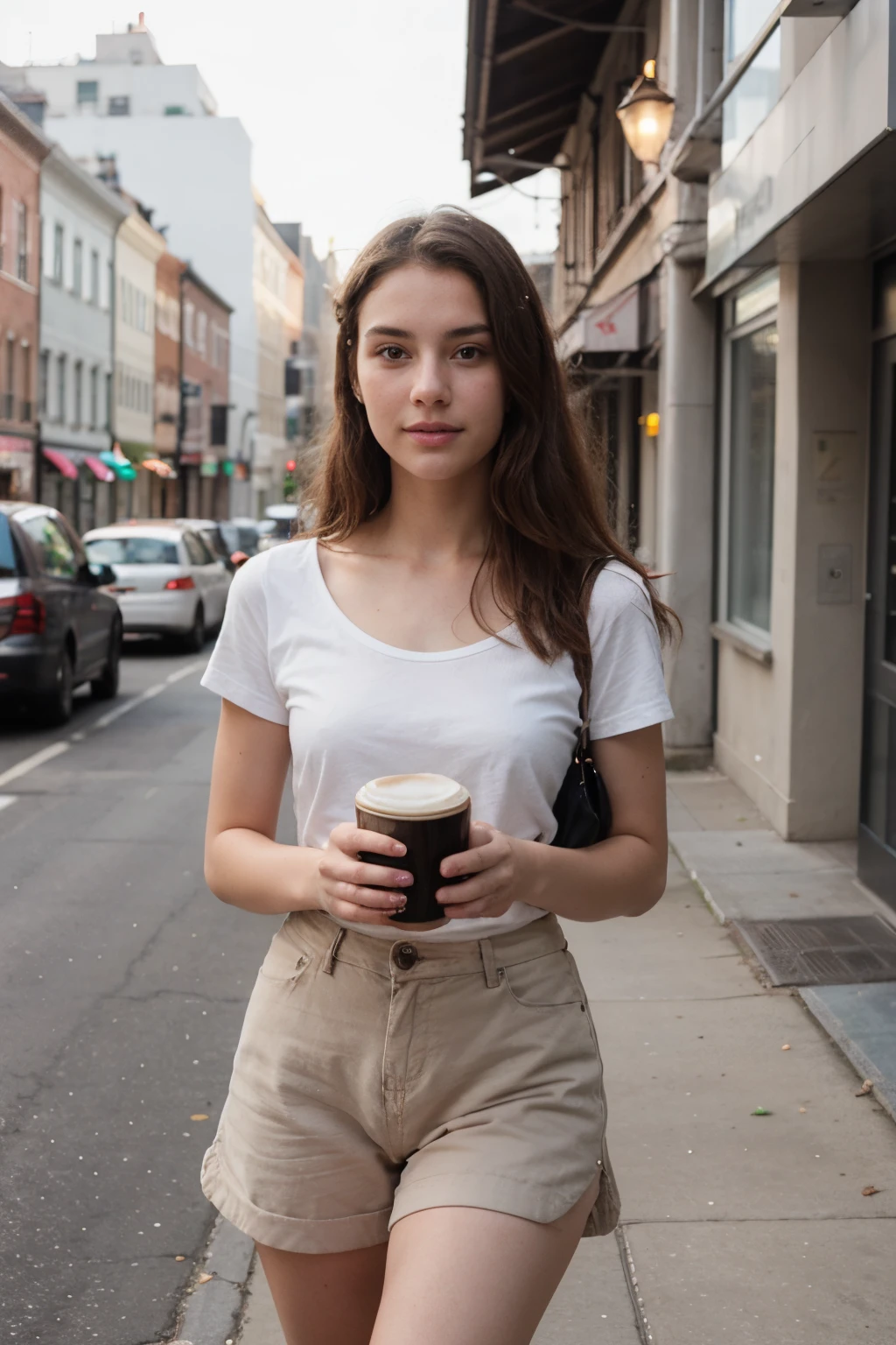 photo of a 20yo woman, perfect face, walking in the city, enjoying coffee