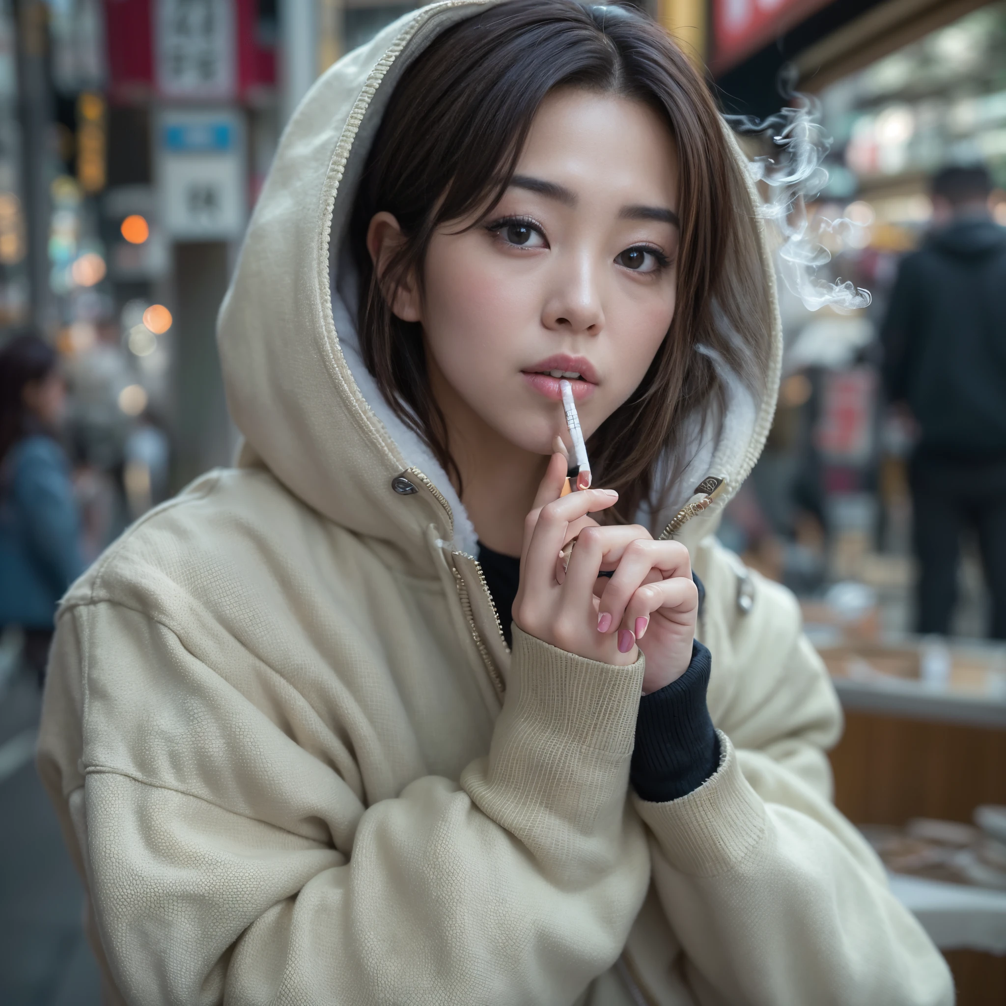 Best-quality, Masterpiece, Ultra-High-Resolution, (Photorealistic:1.4), Raw-Photo, Extremely-Details, Perfect-Anatomy, Ultra-Detailed,
1girl, the most famous Japanese actress, in Tokyo's main street, detailed Tokyo's main street, ((smoking a cigarette, detailed cigarette):1.3),
wearing luxurious hoodie with cool design, detailed luxurious hoodie with cool design,
((extremely beautiful face like a most popular Japanese actress, extremely beautiful big black solid circle eyes):1.1), extremely beautiful lips, extremely beautiful mouth, extremely beautiful realistic skins, extremely beautiful hand