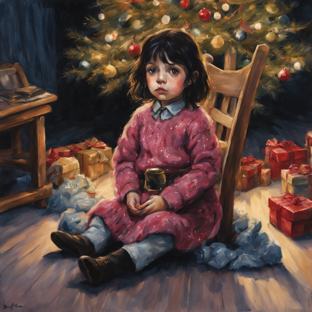 Realismo, uma pintura, estilo de fantasia de conto de fadas, Estilo Natal, Estilo John Tolkien, Pequena pintura de Jean-Baptiste Monge, soft facial features, Menina roqueira, sitting on a chair with loose black hair near the Christmas tree, soft facial features, wearing slacks, wearing a sweater, Com maquiagem leve, dark pink lips, Lip shape"perolado" ,"sobrancelhas curvadas em forma de Engriberts, olhos cinza claro, eyes with heavy eyelids, human hand, muito claro, sem falhas, cinco dedos, cabelo ondulado longo preto, in a knitted sweater, in black pants,Personagem travesso, Christmas tree, Presentes, Jean-Baptiste Monge, anthropomorphic --air 2:3 --testp -otimista;