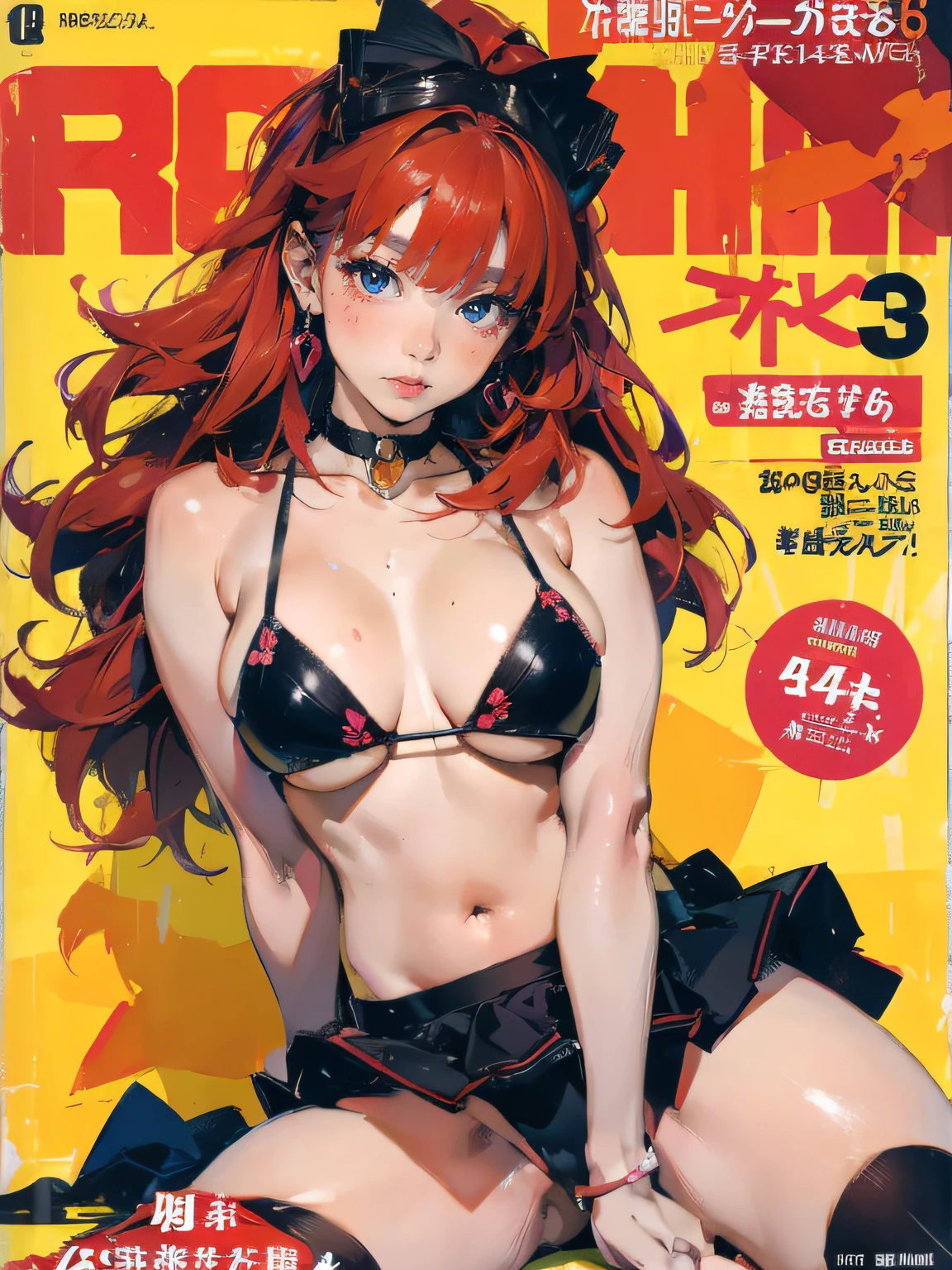 (masterpiece:1.2, best quality), (magazine cover), (colorful Magazine cover with lots of text), brilliant colorful paintings, Comic cover style,masterpiece, best quality, ultra-detailed, illustration, kawaii, detailed light, unhappy, proud, ahegao, blush, Highlights hair,red hair, beautiful detailed body, detailed sparkling eyes, 1girl, Cowboy shot, black mini bikini and stockings little chest, the sweat, Erotica, bottom view, blushful, the night, stand, spreading legs, gyaru, cum mouth, magazine cover, (highly detailed:1.2)