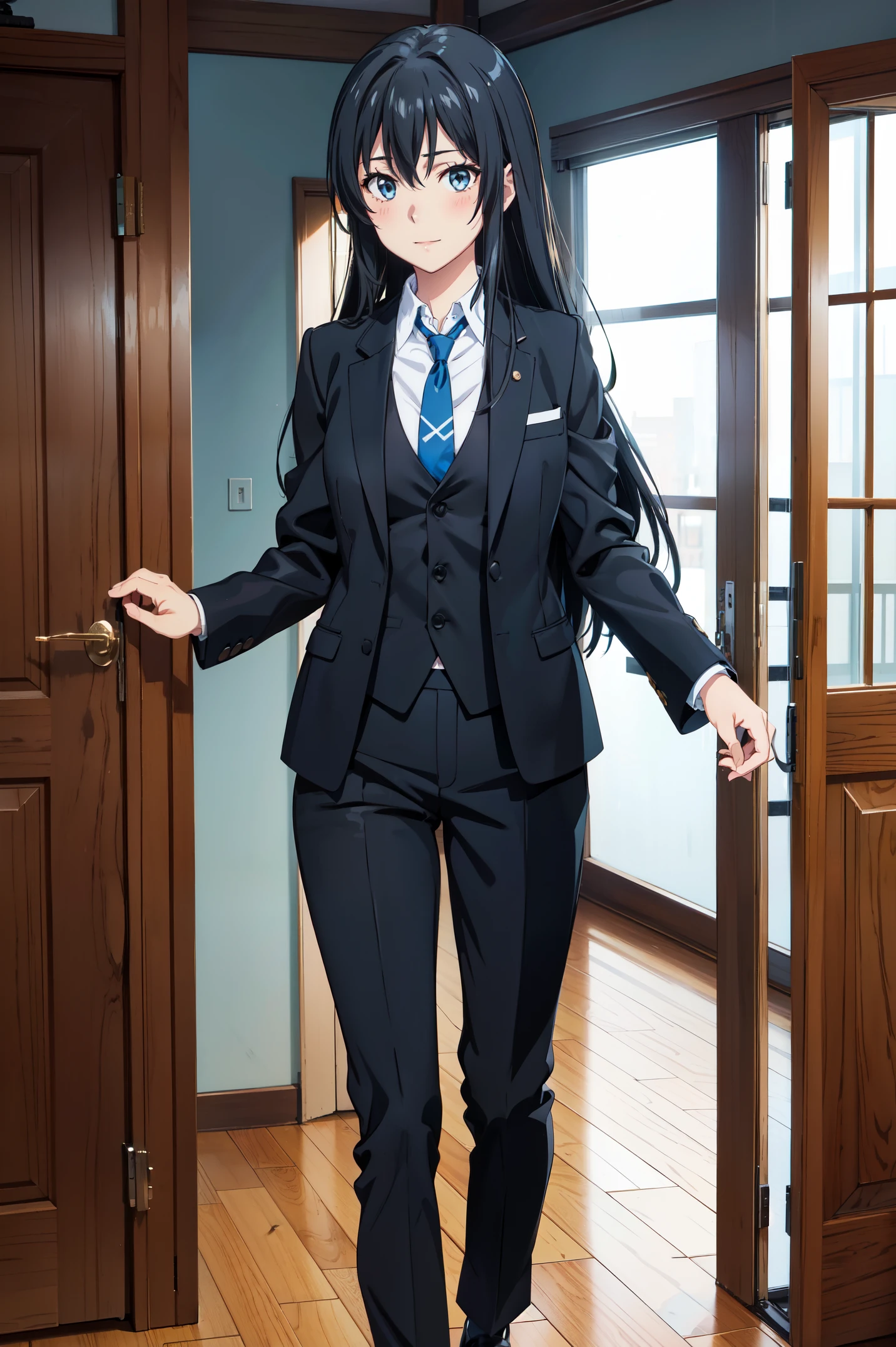 Yukinoshita yukino ,woman in formal attractive suit tuxedo tailcoat standing in a large alcove in the room, 1girl, solo, necktie, black hair, blue eyes, long hair, smile, jacket, looking at viewer, shirt, pants, blue necktie, collared shirt, white pants, white shirt, indoors, bangs, long sleeves, closed mouth, window, black jacket, blush, cowboy shot, formal, suit, full body