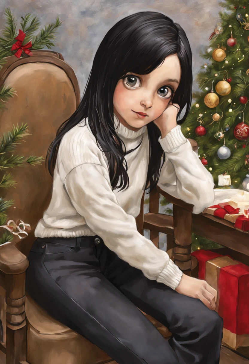 Realismo, uma pintura, estilo de fantasia de conto de fadas, Estilo Natal, Estilo John Tolkien, Pequena pintura de Jean-Baptiste Monge, soft facial features, Menina roqueira, sitting on a chair with loose black hair near the Christmas tree, soft facial features, wearing slacks, wearing a sweater, Com maquiagem leve, dark pink lips, Lip shape"perolado" ,"sobrancelhas curvadas em forma de Engriberts, olhos cinza claro, eyes with heavy eyelids, human hand, muito claro, sem falhas, cinco dedos, cabelo ondulado longo preto, in a knitted sweater, in black pants,Personagem travesso, Christmas tree, Presentes, Jean-Baptiste Monge, anthropomorphic --air 2:3 --testp -otimista;
