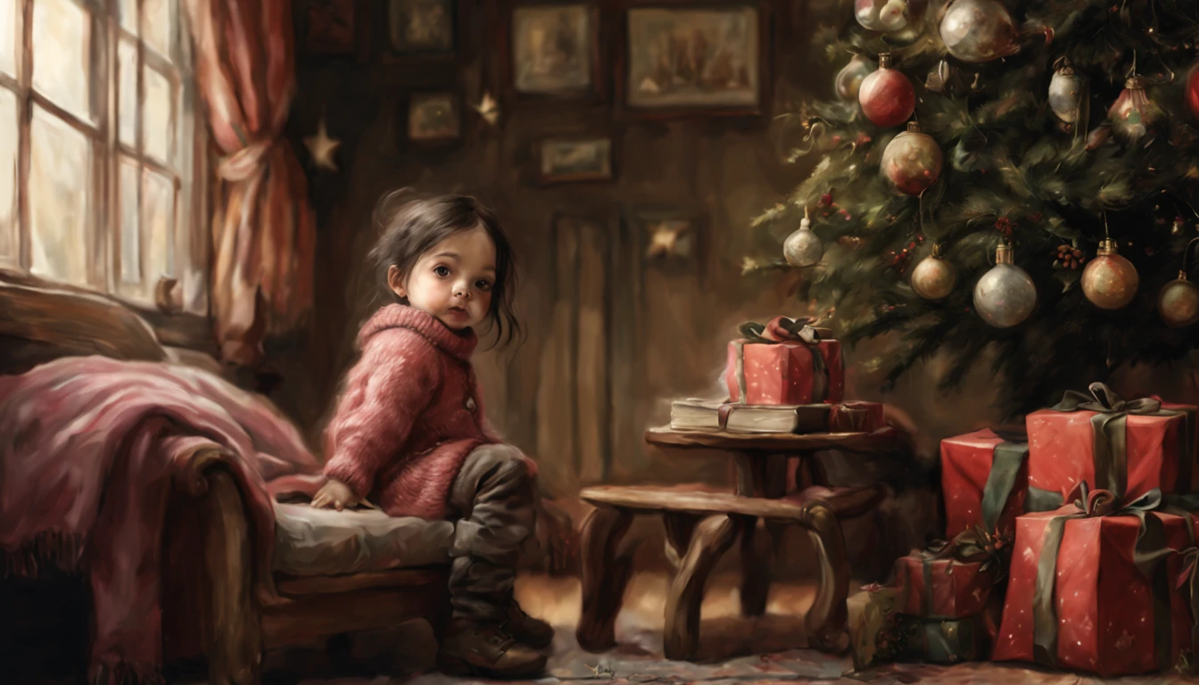 Realismo, uma pintura, estilo de fantasia de conto de fadas, Estilo Natal, Estilo John Tolkien, Pequena pintura de Jean-Baptiste Monge, soft facial features, Menina roqueira, sitting on a chair with loose black hair near the Christmas tree, soft facial features, wearing slacks, wearing a sweater, Com maquiagem leve, dark pink lips, Lip shape"perolado" ,"sobrancelhas curvadas em forma de Engriberts, olhos cinza claro, eyes with heavy eyelids, human hand, muito claro, sem falhas, cinco dedos, cabelo ondulado longo preto, in a knitted sweater, in black pants,Personagem travesso, Christmas tree, Presentes, Jean-Baptiste Monge, anthropomorphic --air 2:3 --testp -otimista;