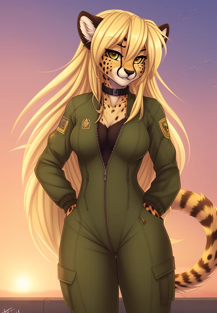fluff-kevlar, by fluff-kevlar, anthro, ((cheetah)), female, ((1woman)), ((D-cup breasts)), ((long hair)), ((blonde hair)), ((wide hips)), flight line, on e621, choker, detailed body, finely detailed eyes, finely detailed paws, female focus, (hair detailed correctly), Mihari, ((Olive Drab flight suit)), cheetah tail, ((fully dressed)), solo
