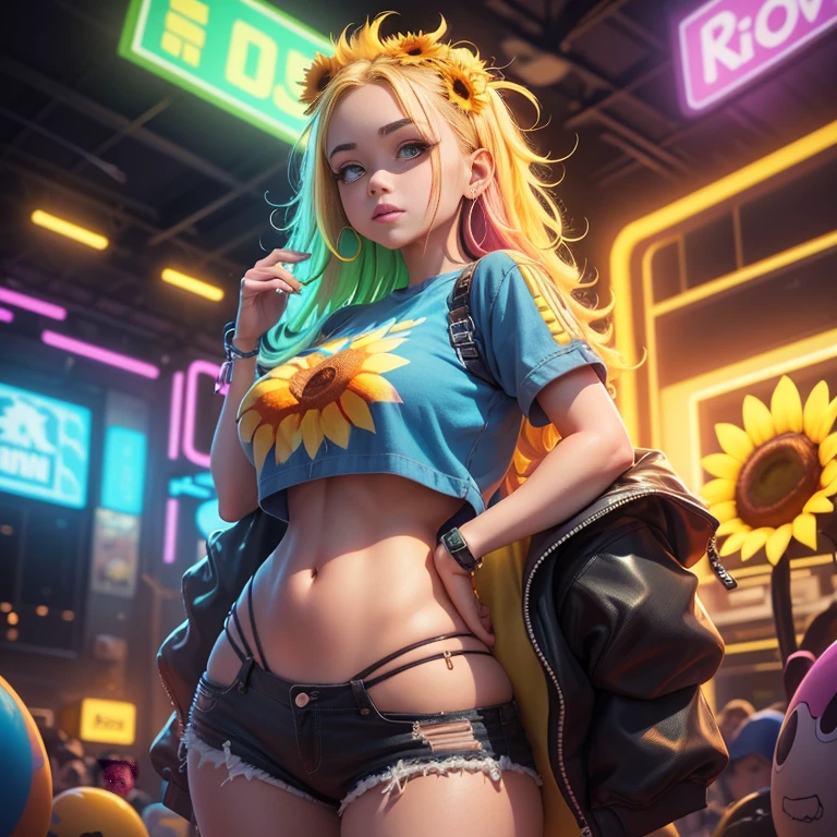 "Sunflower. in a pile of Sunflower and Sunflower canes, cute colorful, digital painting, cute detailed digital art, hyper colorful, neon coloring, cute digital art, beeple colors, colorful hd picure, beeple and jeremiah ketner, glowing lights! digital painting, cute 3 d render"
