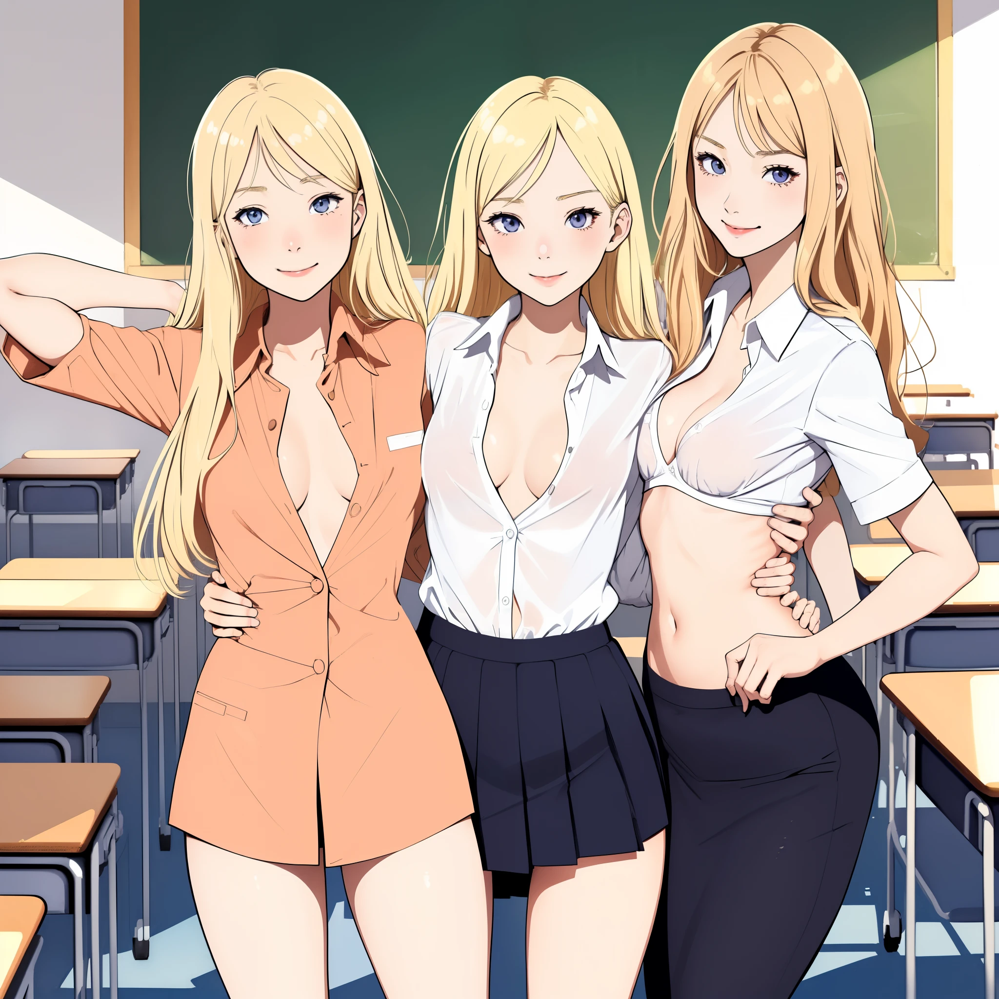 (superflat, flat shading, flat colors:1.1), (classroom), (2girls young  student and  teacher), slim, small breast, blonde hair, school uniform, teacher uniform, open shirt, white bra, (hugging from behind), (grab breast), shy, smile, blush, standing by blackboard, bright sunlight, best shadows, watercolor