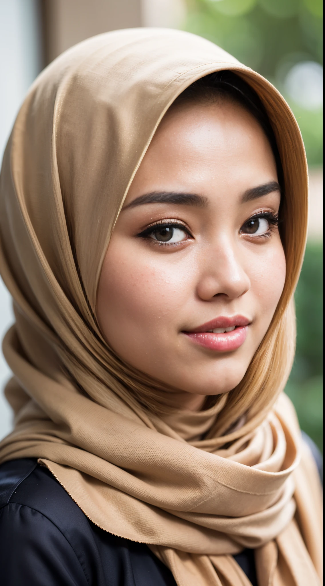 1 malay girl , modern plain hijab, shy, medium portrait shot , watery eyes ,lip watery, lip glossy, open mounth, big breast, 1 Malay girl, modern plain hijab, shy, medium portrait, watery eyes, RAW, Best quality, high resolution, masterpiece: 1.3), beautiful Malay woman in hijap:0.8),perfect nose,perfect lips, perfect eyes, detail :1.2), beautifull face, soft smile,Beautiful woman wearing a hijap, a woman in a brown dress and a brown scarf, hijab, jessica kumala wongso, Beutifull girl, lovely smile, lovely woman, with lovely look, with a beautifull smile, cute beautiful,((close up))