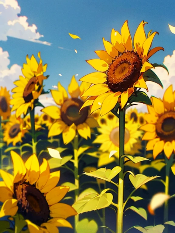 Sunflower, field, Giant Sunflowers around, sunflowers petals on air, landscape, 8K, RAW photo, best quality, masterpiece