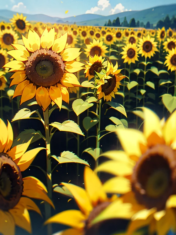 Sunflower, field, Giant Sunflowers around, sunflowers petals on air, landscape, 8K, RAW photo, best quality, masterpiece, magic spread, shiny light, at night