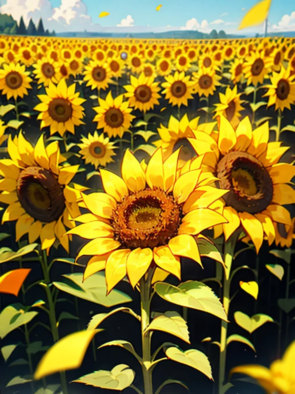 Sunflower, field, Giant Sunflowers around, sunflowers petals on air, landscape, 8K, RAW photo, best quality, masterpiece