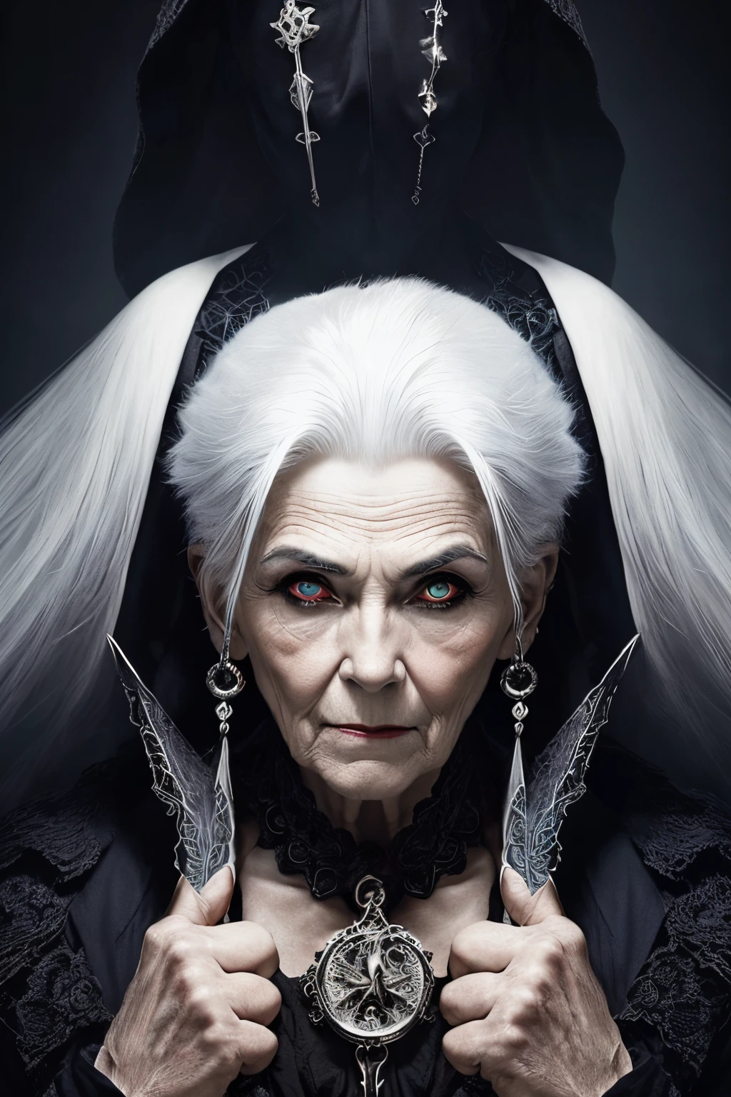 (papel de parede 8k extremamente detalhado), An average photo of a beautiful old woman with necromancer white hair, intrincado, alto detalhe, Dramatic