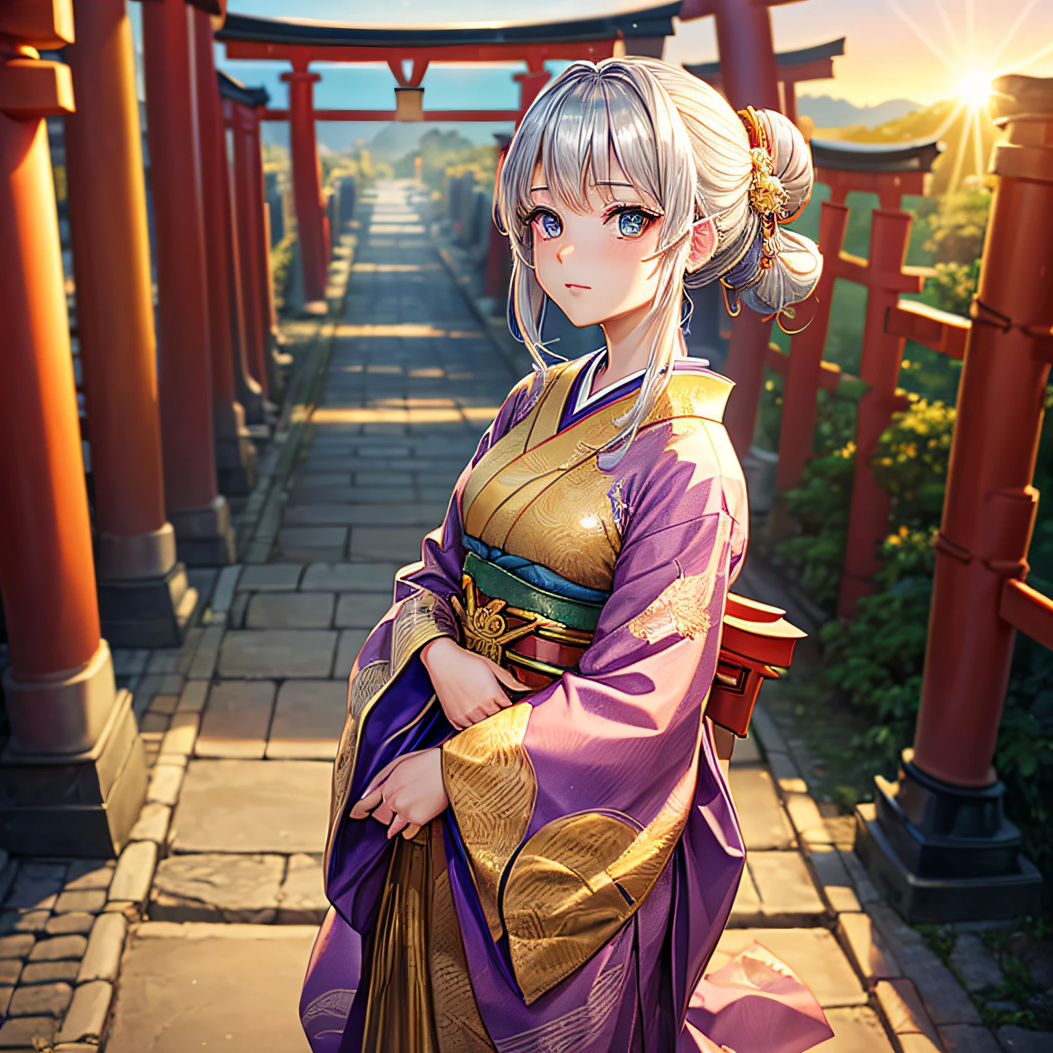 ((worst quality, low-quality)), ((girl with)), Solo, ((half updo, Silver hair)), plump shiny lips, ((Beautiful eyes):1.2), Spoken Heart, (Detailed dragon pattern expressed with gold embroidery.:1.3,traditional Japanese clothing:1.2), embarrassed, Standing, Looking at Viewer, Head tilt, (sunrise light, rays of the morning sun:1.4), (( The background is a torii gate in Japan)), high-angle shot, masutepiece, Best Quality, ultra-detailliert,