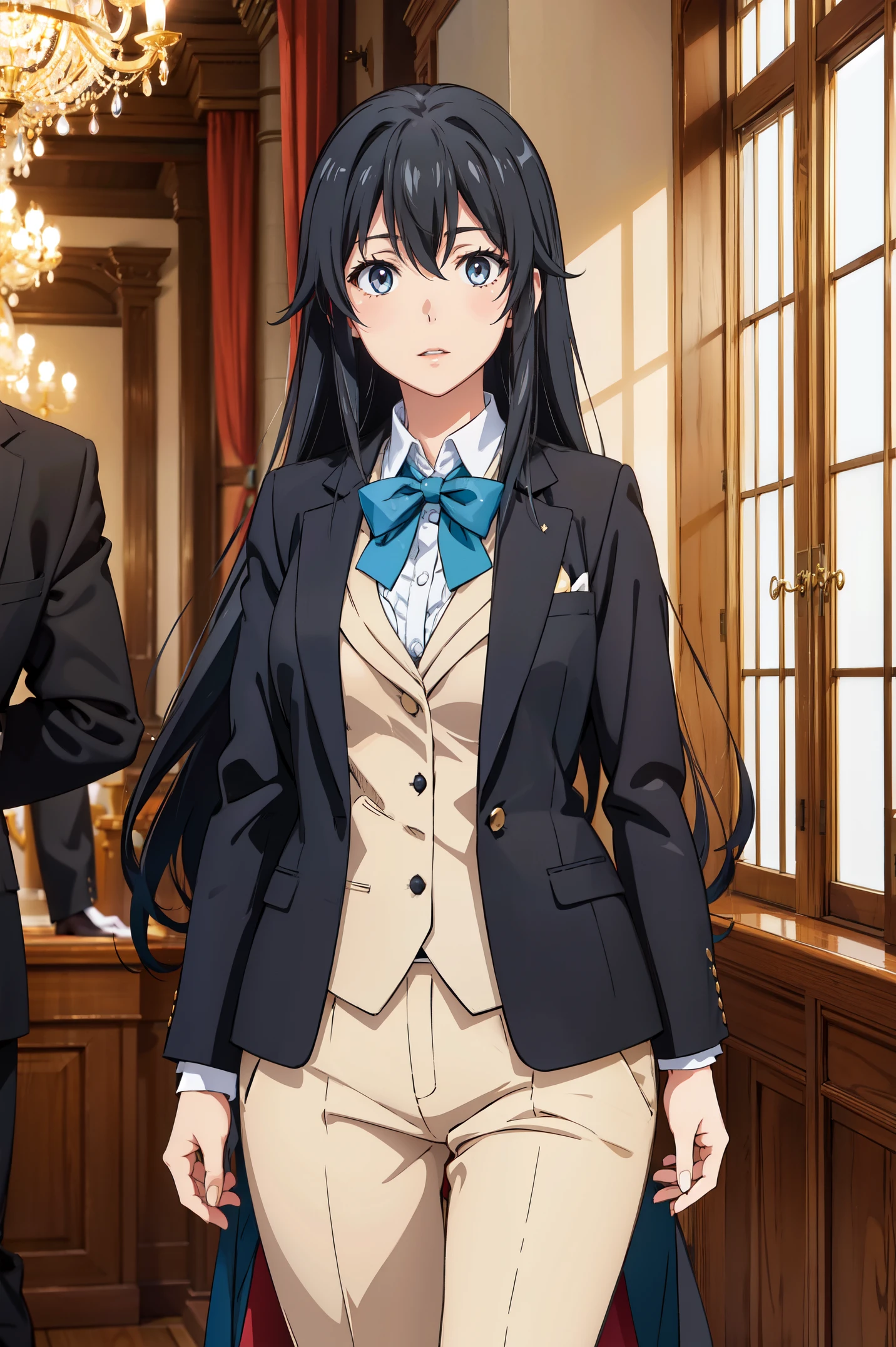 Yukinoshita yukino ,woman in formal attractive suit tailcoat standing in a large alcove in the room