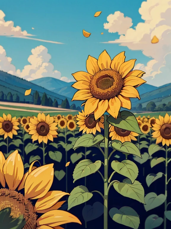 Sunflower, field, Giant Sunflowers around, sunflowers petals on air, landscape, 8K, RAW photo, best quality, masterpiece, magic spread, shiny light, at night
