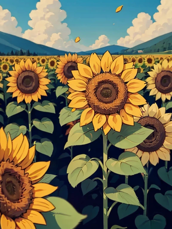 Sunflower, field, Giant Sunflowers around, sunflowers petals on air, landscape, 8K, RAW photo, best quality, masterpiece, magic spread, shiny light, at night