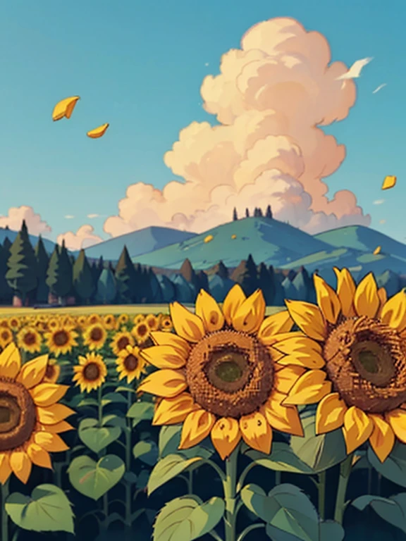 Sunflower, field, Giant Sunflowers around, sunflowers petals on air, landscape, 8K, RAW photo, best quality, masterpiece
