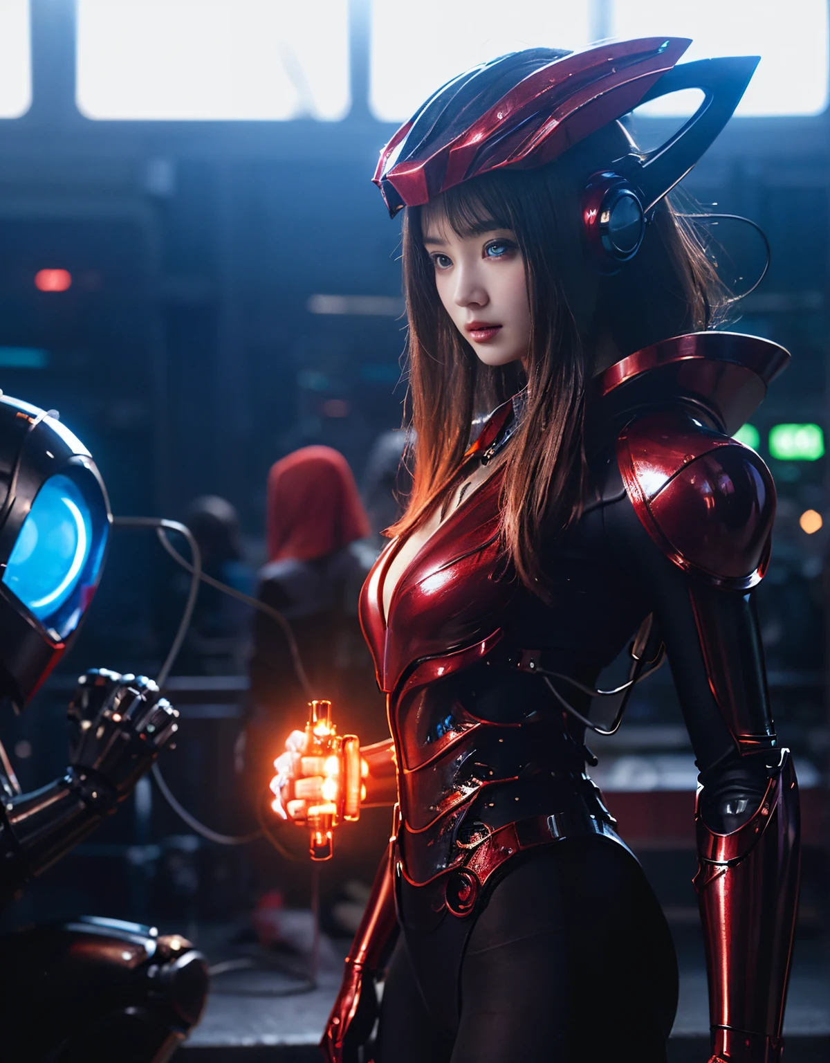 (Skimpy mechanical girl and alien background)、（Mystical expression）、top-quality、​masterpiece、超A high resolution、(Photorealsitic:1.4)、Raw photo、女の子1人、glowy skin、(((1 Mechanical Girl)))、（red metalボディスーツ）、(Natural alien background to fight aliens)、(Small LED)、((super realistic details))、vertical giant monster background),globalillumination、Shadow、octan render、8K、ultrasharp、机器人の背景、Colossal tits、Raw skin exposed in the cleavage、red metal、Details of complex ornaments、Japan details、highly intricate detail、Realistic light、(Mystical expression),CG Society Trenlow Eyes、Eyes shining towards the camera、Mechanical marginal blood vessels connected to neon detail tubes)、(Wires and cables connecting to the head)、Small LED、,Mechanical thighs、Toostock、（Hands are also made of machines）、机器人、future alien、Please wear a mechanical helmet、