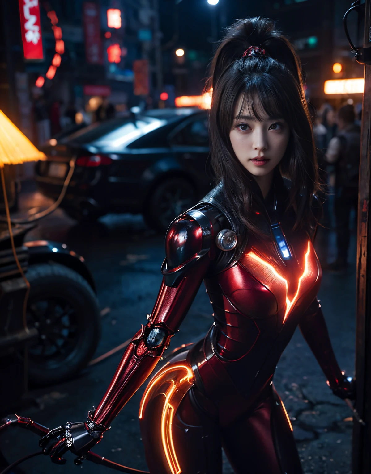 (Skimpy mechanical girl and alien background)、（Mystical expression）、top-quality、​masterpiece、超A high resolution、(Photorealsitic:1.4)、Raw photo、女の子1人、glowy skin、(((1 Mechanical Girl)))、（Red Metal Bodysuit）、(Natural alien background to fight aliens)、(Small LED)、((super realistic details))、vertical giant monster background),globalillumination、Shadow、octan render、8K、ultrasharp、Robot background、Colossal tits、Raw skin exposed in the cleavage、red metal、Details of complex ornaments、Japan details、highly intricate detail、Realistic light、(Mystical expression),CG Society Trenlow Eyes、Eyes shining towards the camera、Mechanical marginal blood vessels connected to neon detail tubes)、(Wires and cables connecting to the head)、Small LED、,Mechanical thighs、Toostock、（Hands are also made of machines）、机器人、future alien、Please wear a mechanical helmet、