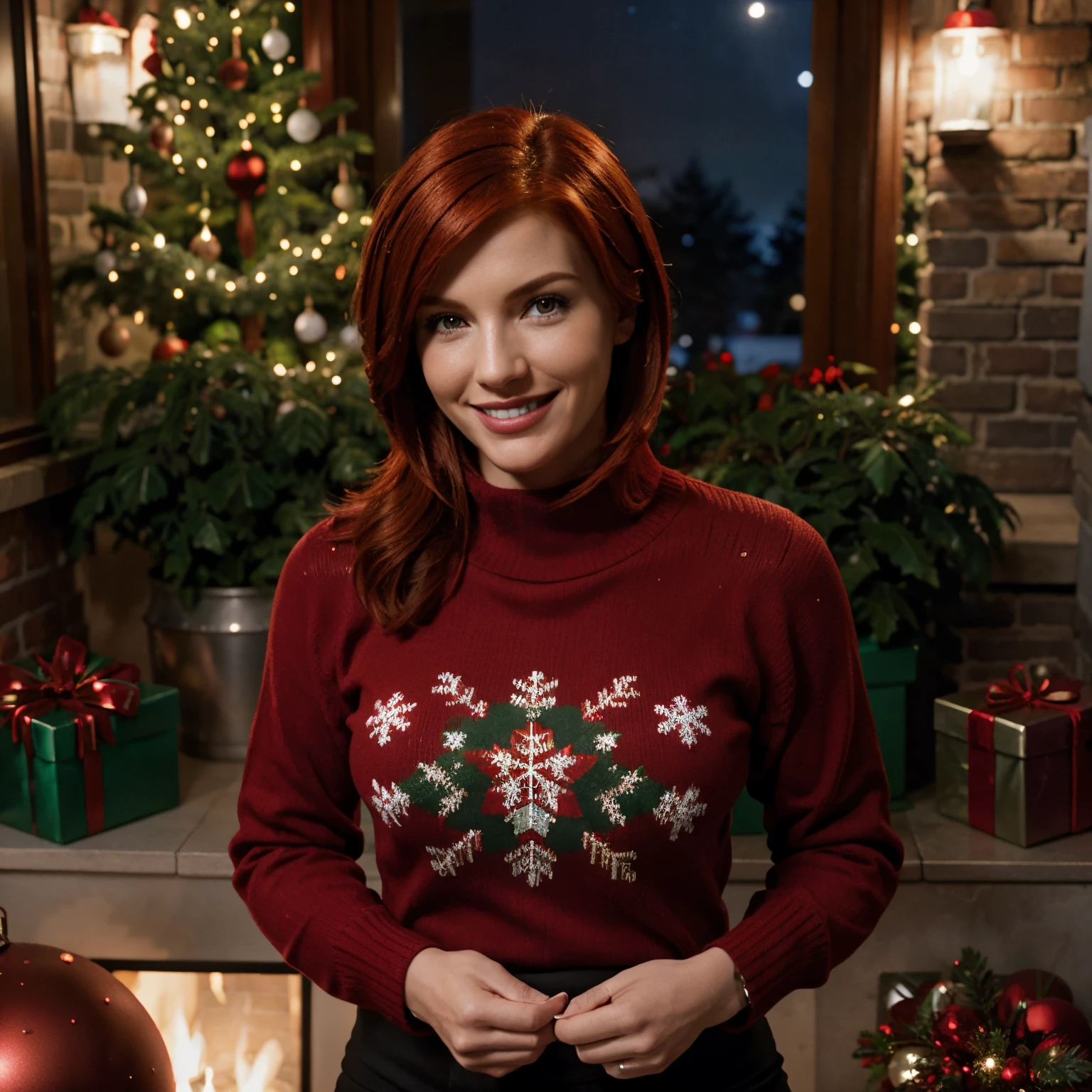 Red head femshep wearing Christmas sweater and smiling, mass effect, Christmas decorations