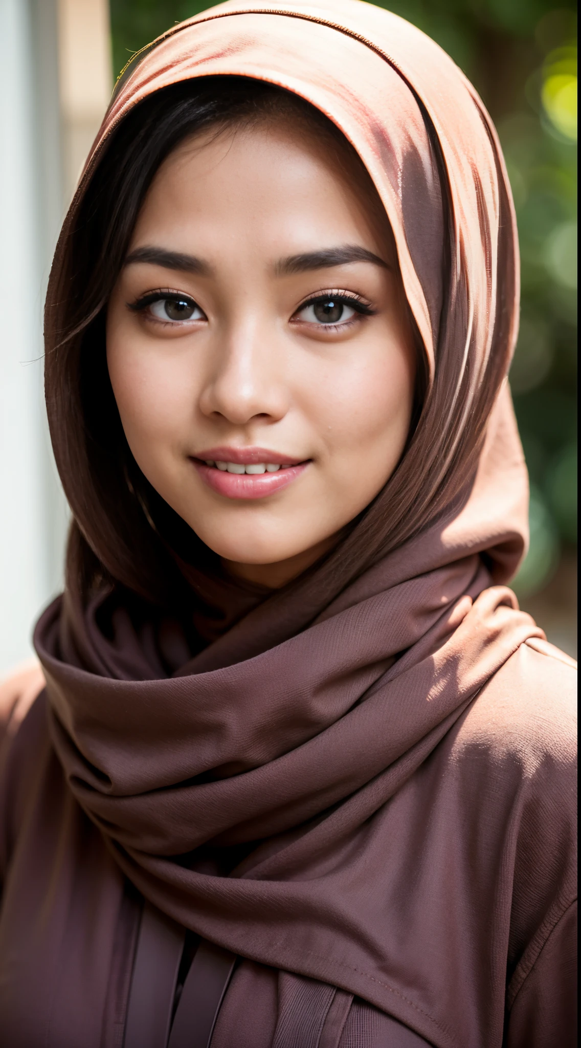 1 malay girl , modern plain hijab, shy, medium portrait shot , watery eyes ,lip watery, lip glossy, open mounth, big breast, 1 Malay girl, modern plain hijab, shy, medium portrait, watery eyes, RAW, Best quality, high resolution, masterpiece: 1.3), beautiful Malay woman in hijap:0.8),perfect nose,perfect lips, perfect eyes, detail :1.2), beautifull face, soft smile,Beautiful woman wearing a hijap, a woman in a brown dress and a brown scarf, hijab, jessica kumala wongso, Beutifull girl, lovely smile, lovely woman, with lovely look, with a beautifull smile, cute beautiful,((close up))