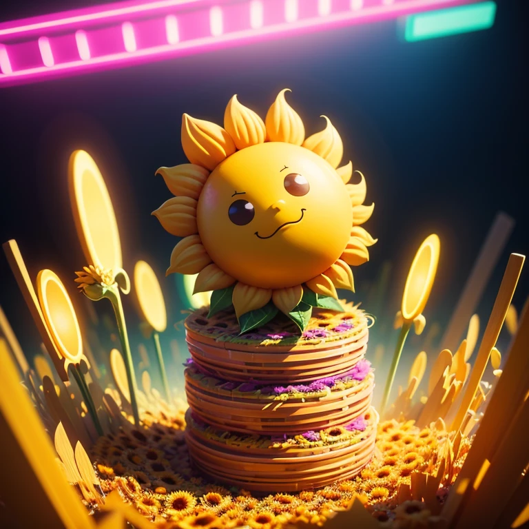 "Sunflower. in a pile of Sunflower and Sunflower canes, cute colorful, digital painting, cute detailed digital art, hyper colorful, neon coloring, cute digital art, beeple colors, colorful hd picure, beeple and jeremiah ketner, glowing lights! digital painting, cute 3 d render"