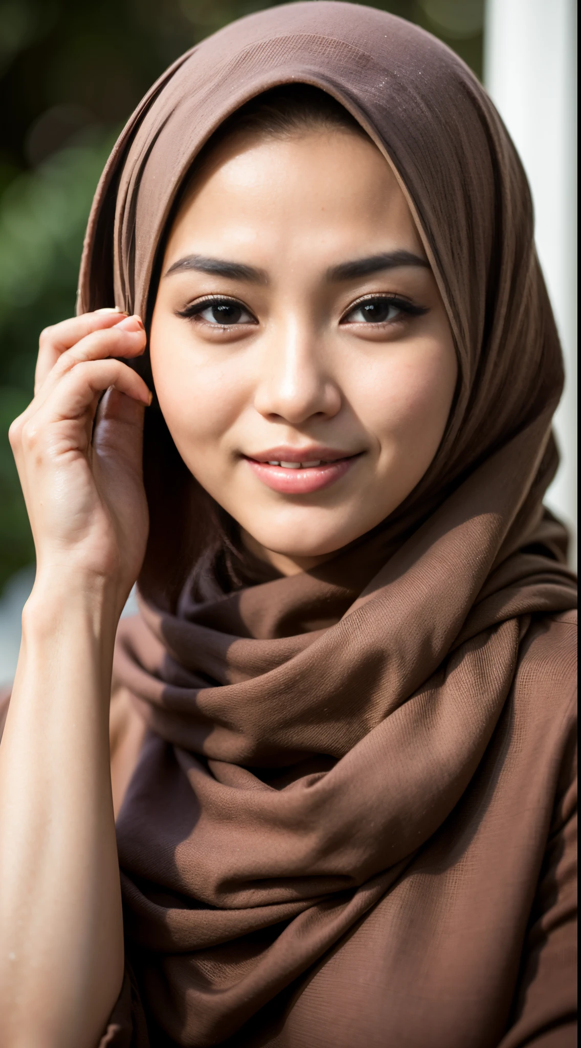 1 malay girl , modern plain hijab, shy, medium portrait shot , watery eyes ,lip watery, lip glossy, open mounth, big breast, 1 Malay girl, modern plain hijab, shy, medium portrait, watery eyes, RAW, Best quality, high resolution, masterpiece: 1.3), beautiful Malay woman in hijap:0.8),perfect nose,perfect lips, perfect eyes, detail :1.2), beautifull face, soft smile,Beautiful woman wearing a hijap, a woman in a brown dress and a brown scarf, hijab, jessica kumala wongso, Beutifull girl, lovely smile, lovely woman, with lovely look, with a beautifull smile, cute beautiful,((close up))