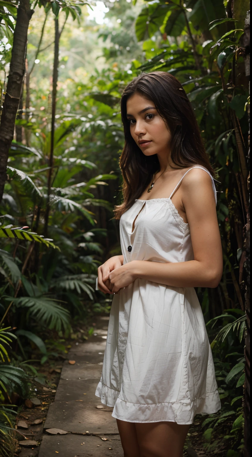 1girl in, 30 years old, Square face, Long hair, Looking at viewer, jewelry, Reality, Sexy, Nightgown colorful outfit, Waterfall backdrop , free pose