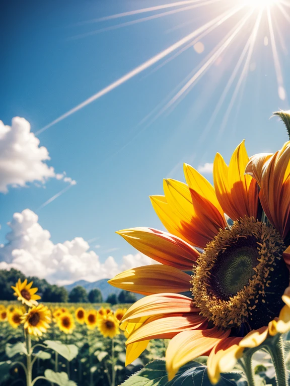 Sunflower, field, Giant Sunflowers around, sunflowers petals on air, landscape, 8K, RAW photo, best quality, masterpiece, magic spread, shiny light, at night
