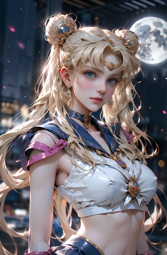 Beautiful girl with long blonde hair and blue dress poses for a photo..., Sailor Galactic, beautiful face profile, Blue Eyes), intricate detailed, Sophisticated and luxurious leather outfit, Portrait of a man and woman, very high details, photo-hyper-realistic, 10, UHD, hyperdetailed,