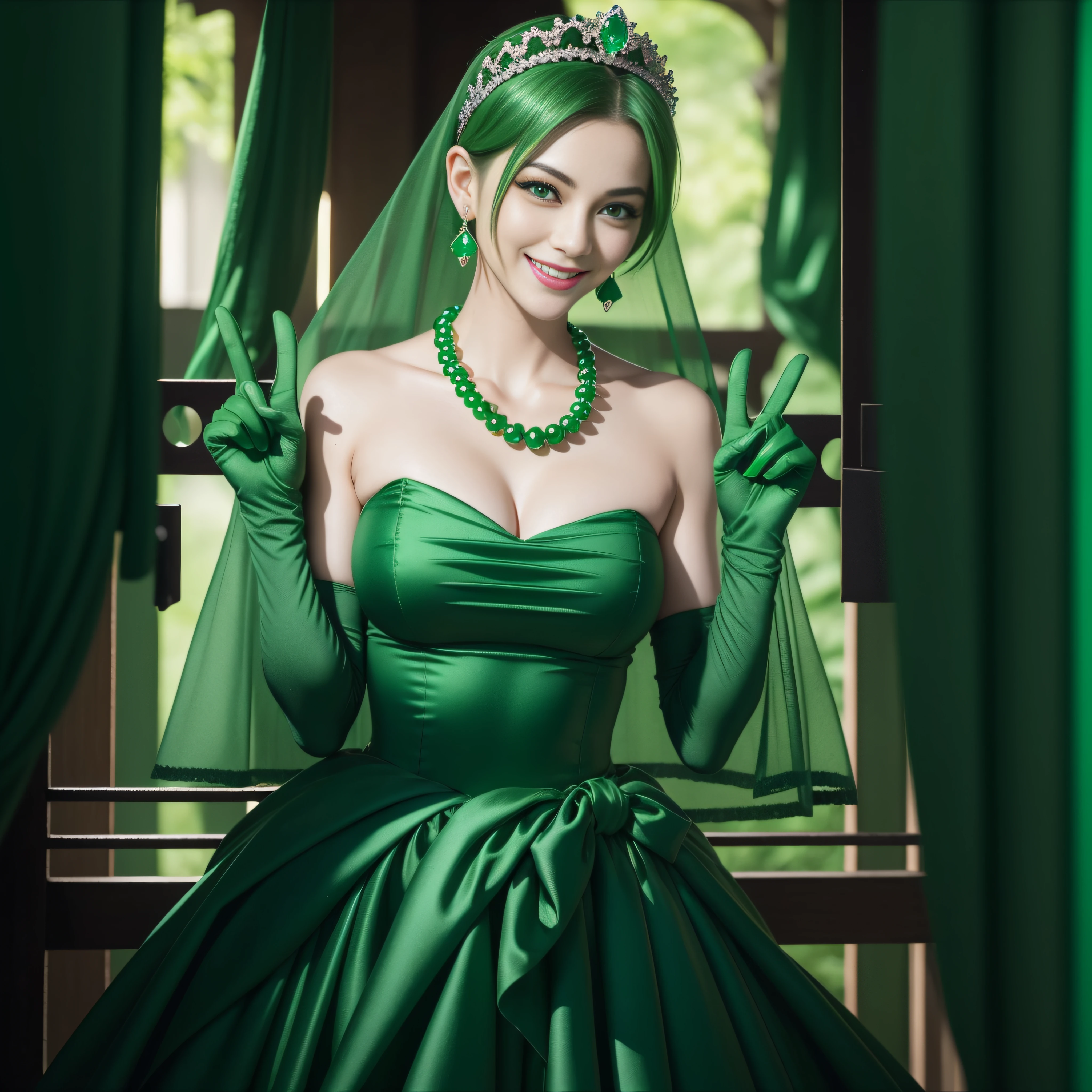 emerald tiara, Green Pearl Necklace, Boyish very short green hair, lipsticks, Japan woman smiling, very short short hair, big breasts beautiful, Green eyes, Long green gloves made of satin material, Green eyes, Emerald Earrings, green vale, v sign