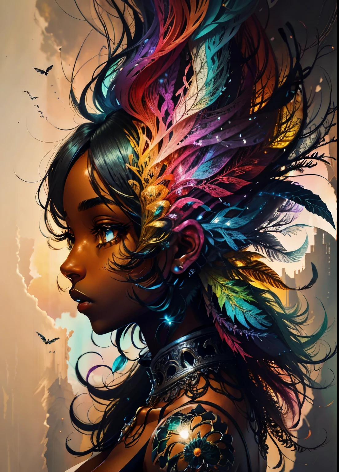 colorhalf00d,, top-down view of a gabrielle uniyon, side profile, black woman, feathers