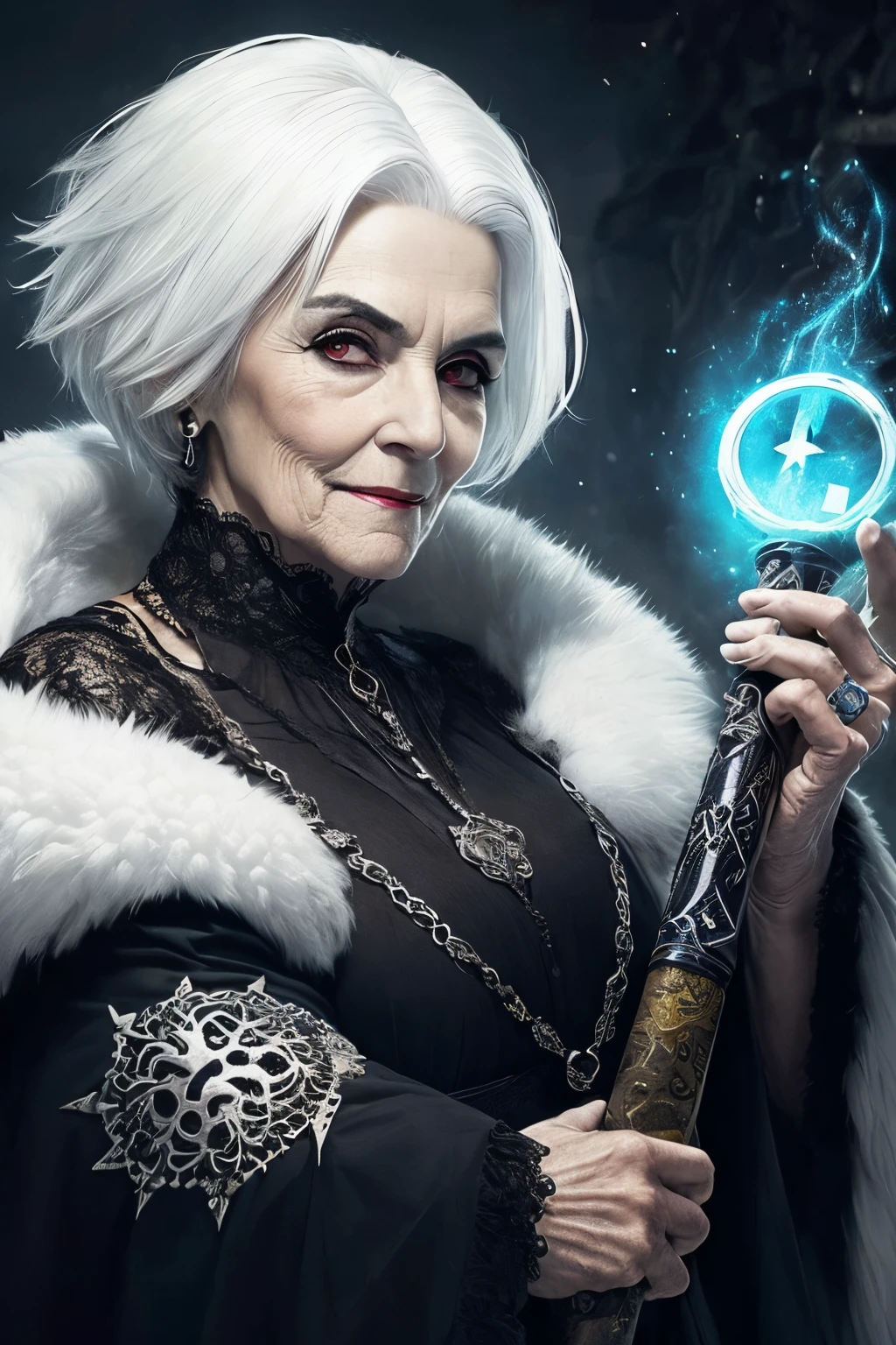 (papel de parede 8k extremamente detalhado), An average photo of a beautiful old woman with necromancer white hair, intrincado, alto detalhe, Dramatic