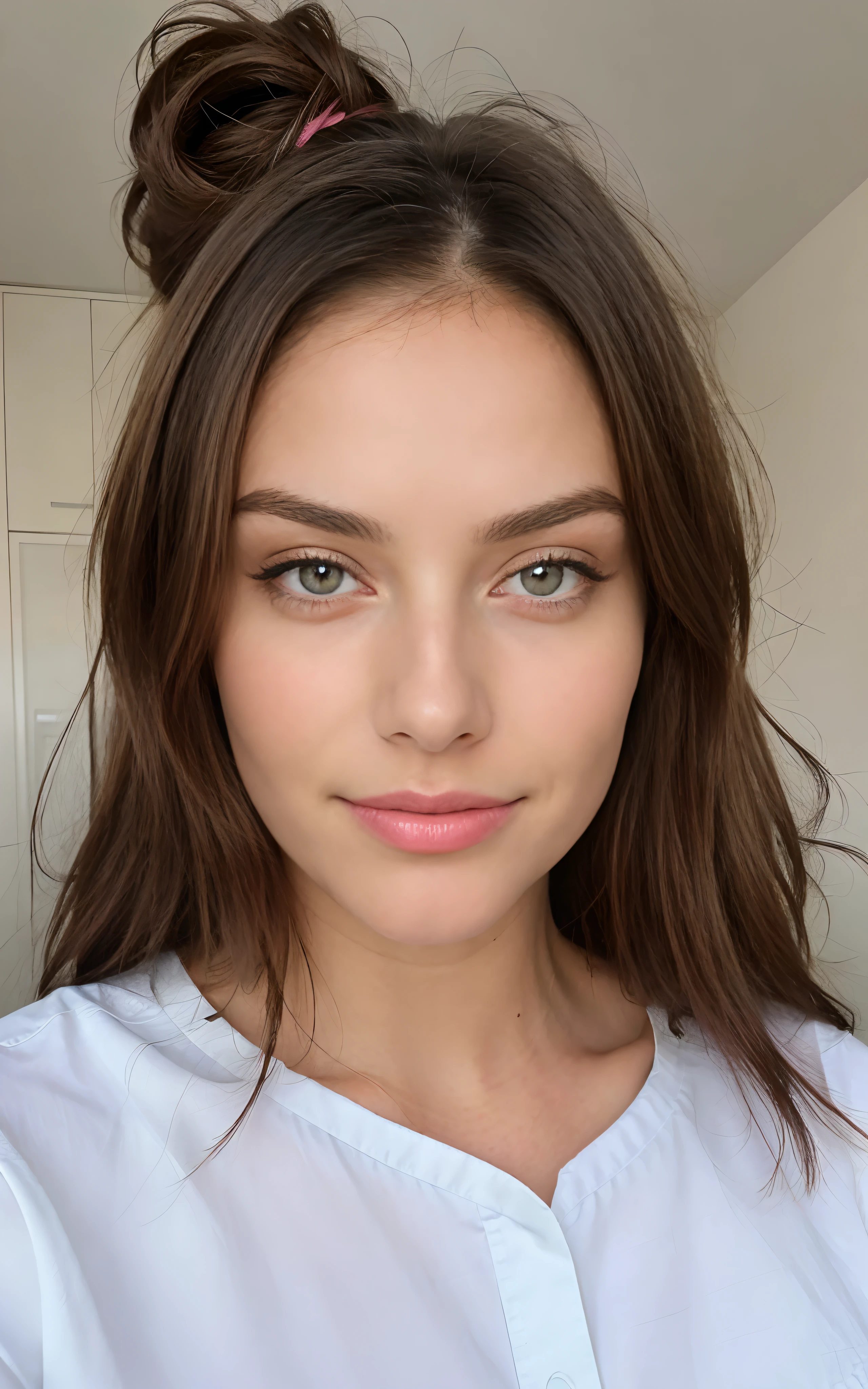 Belle brune portant un pull beige clair (Soins des ongles dans un salon de beauté moderne), très détaillée, 21 ans, visage innocent, cheveux ondulés naturels, yeux bleus, résolution élevée, Chef-dœudansre, meilleur qualité, Détails complexees, Très détaillé, mise au point nette, peau détaillée, texture de peau réaliste, texture, yeux détaillés, professionnel, 4K, sourire charmant, filmé sur Canon, 85 mm, faible profondeur de champ,  Couleur Kodak Vision, corps parfaitement ajusté, extrêmement détaillée, photographier_\(ultra\), photoréaliste, Réaliste, Post-traitement, Un maximum de détails, rugosité, vie réelle, Ultra réaliste, photoréalisme, photographie, 8K UHD, photographie, travail, bureau